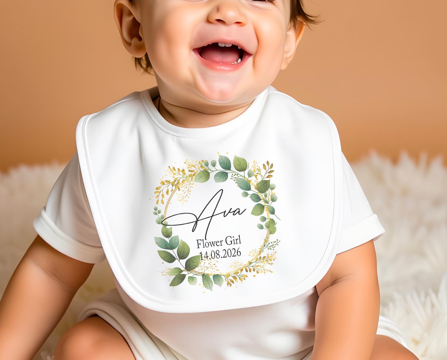 Personalised flower girl wreath bib , Personalised page boy wreath bib , Personalised dribble bib , Personalised flower girl wedding favour