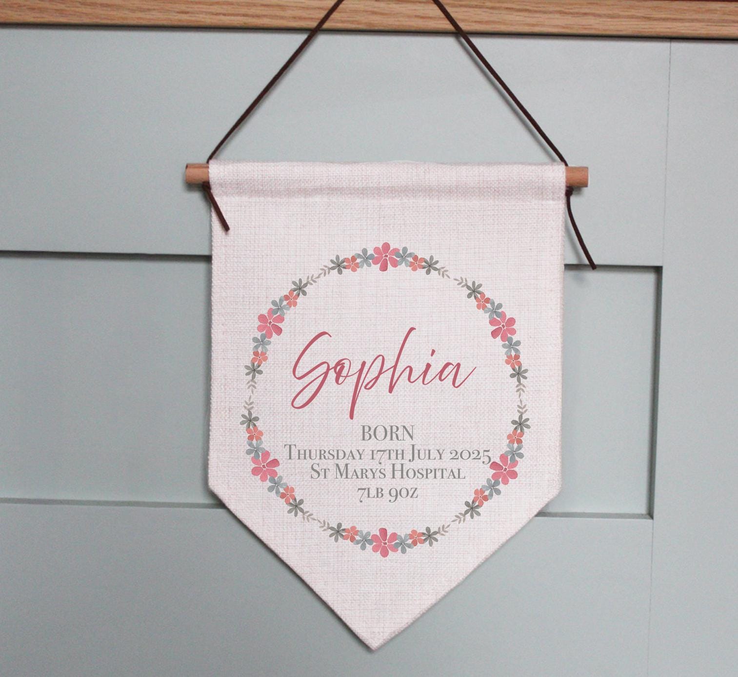 Personalised newborn baby stat floral wreath wall hanging keepsake gift, Personalised custom baby keepsake nursery wall hanging gift