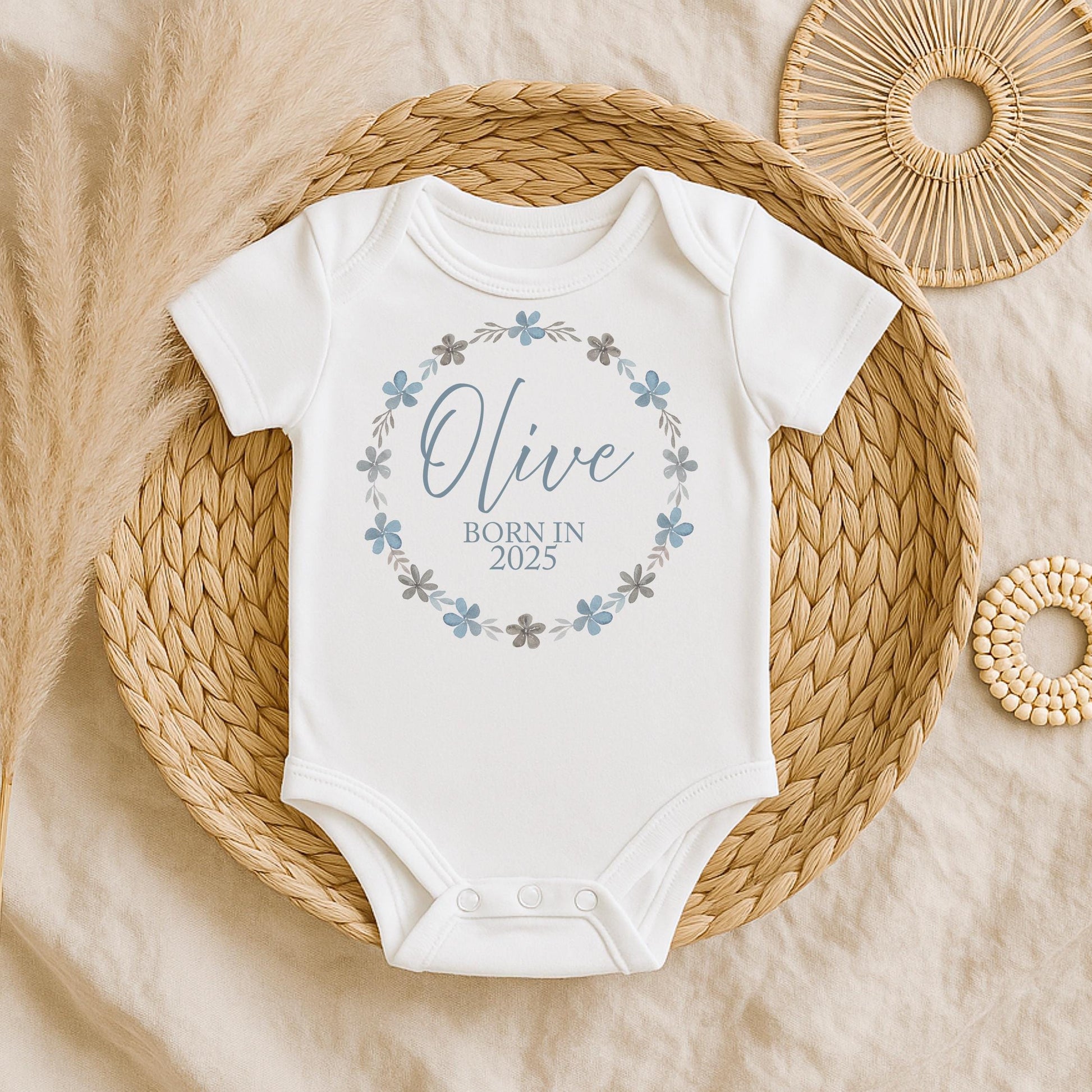 Personalised new born baby born in wreath baby vest, Personalised new arrival born in vest, Personalised baby Floral wreath design vest