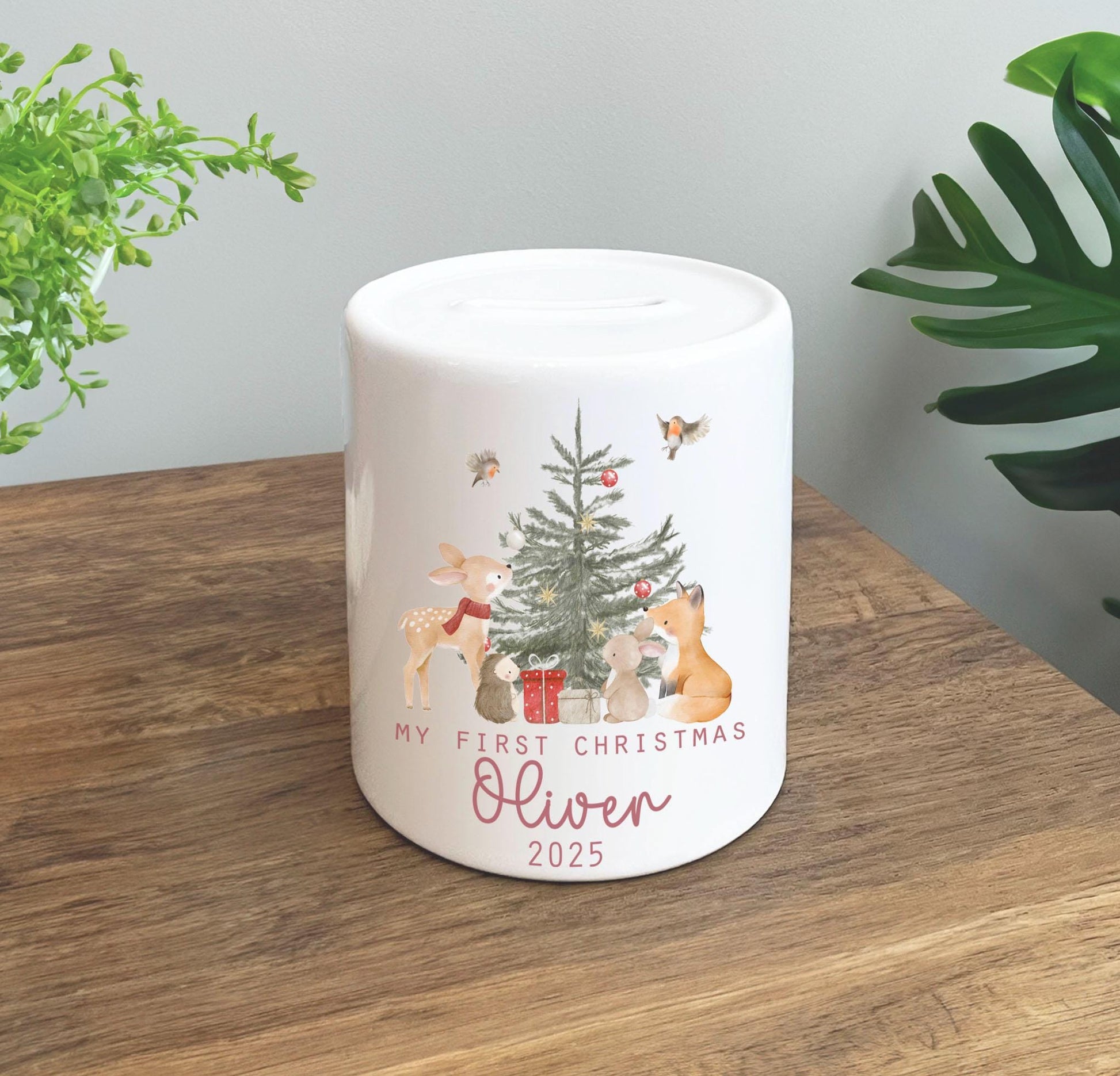 Personalised my first Christmas piggy bank , Woodland animal , My first Christmas gift , Personalised Christmas gift