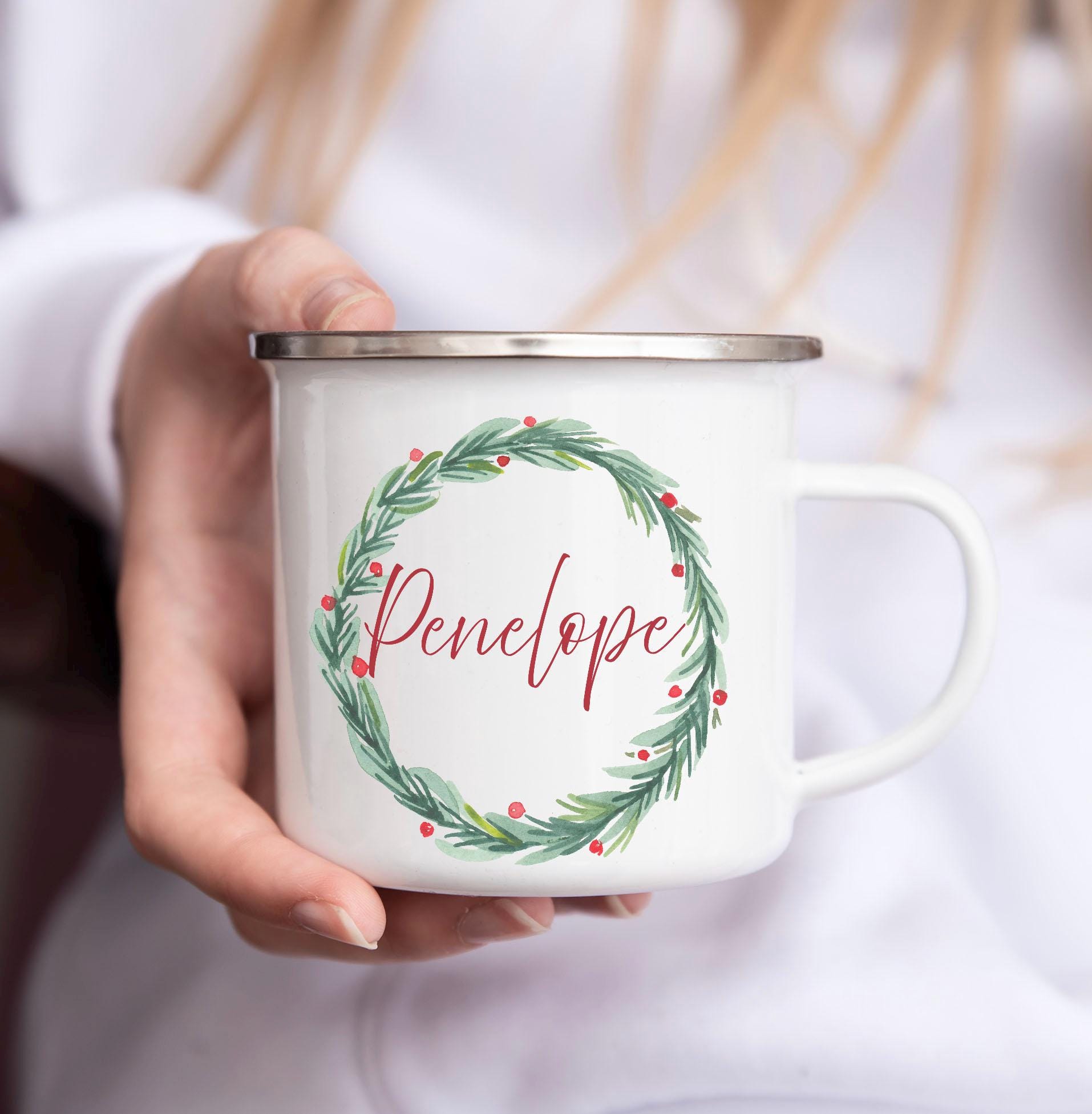 Personalised Kids Christmas Hot Chocolate mug , Christmas Eve Box Filler ,  Gift Idea ,  Christmas wreath enamel mug , Childrens mug