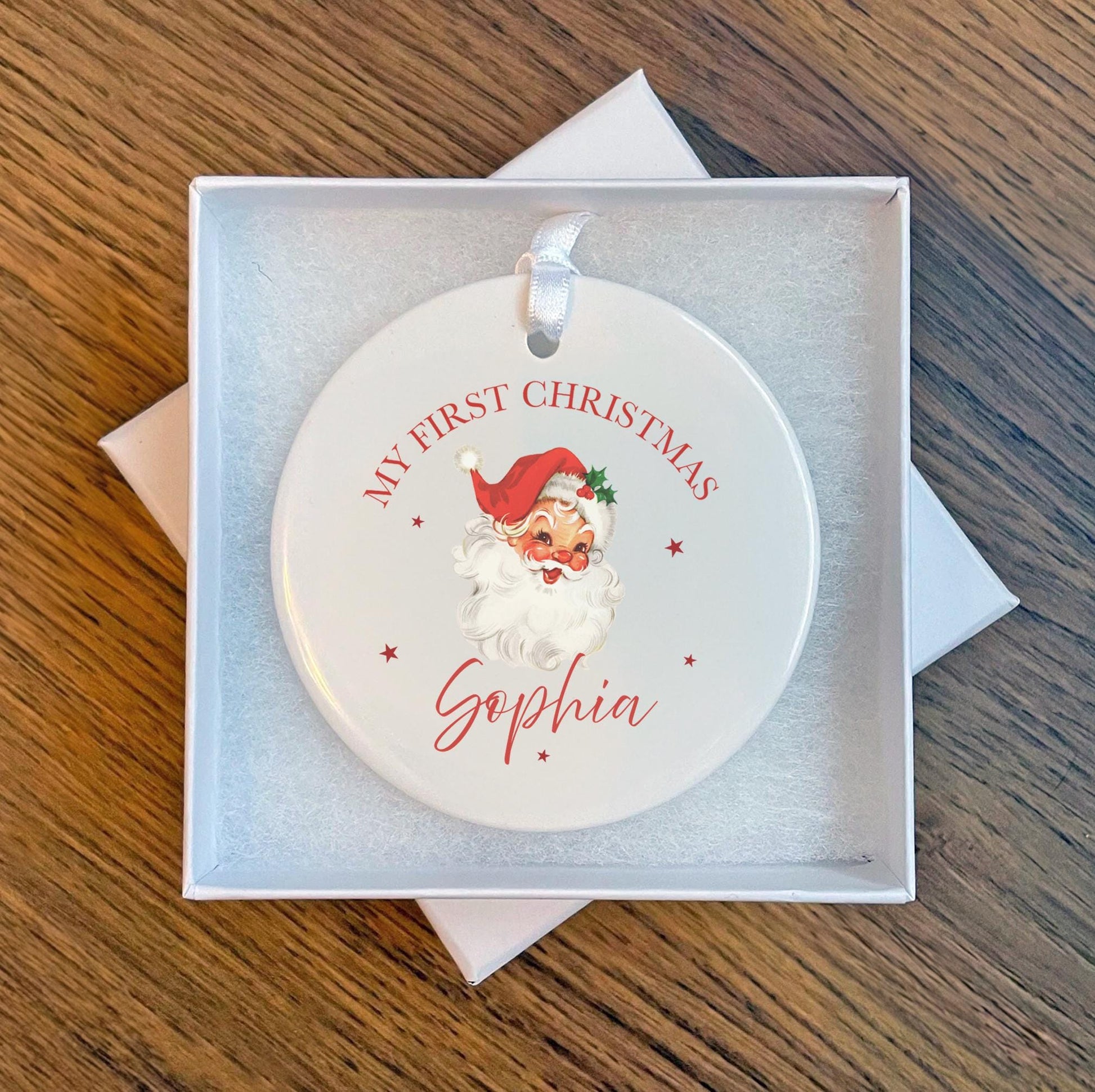 Personalised first christmas retro santa christmas bauble , My first christmas , Christmas eve box , Retro santa bauble , First christmas