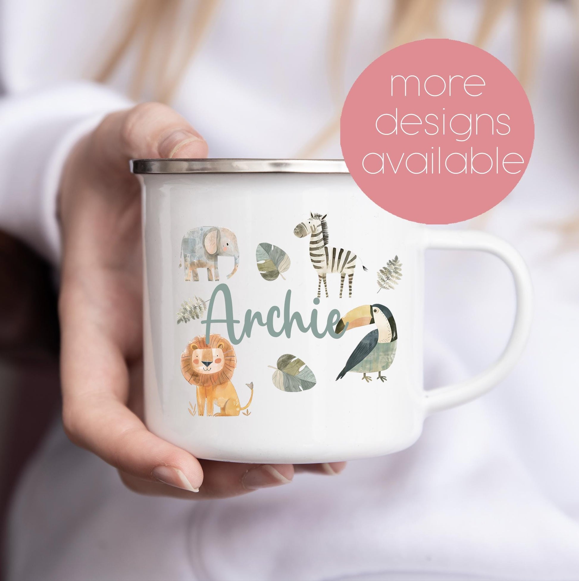Safari animal personalised children’s enamel mug custom gift