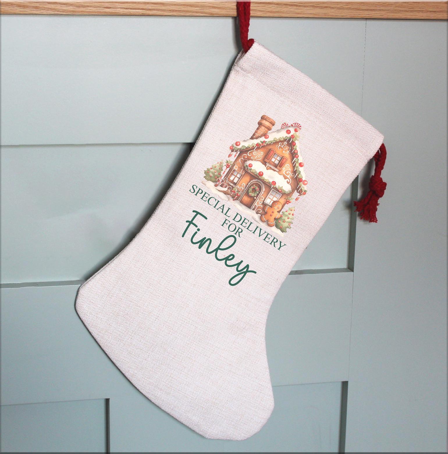 Personalised special delivery gingerbread man christmas stocking, christmas eve box, personalised santa, sack first christmas gift