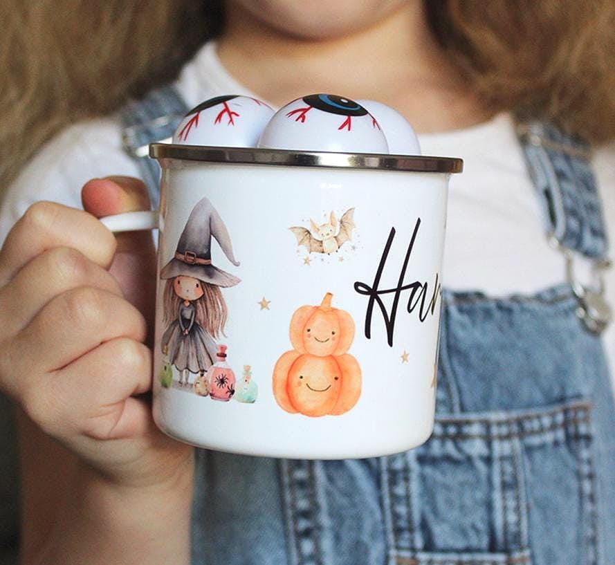 Personalised Kids Halloween Mug Gift Idea , Enamel Halloween Party Favour Spooky kids mug , Halloween boo box filler , Halloween gift