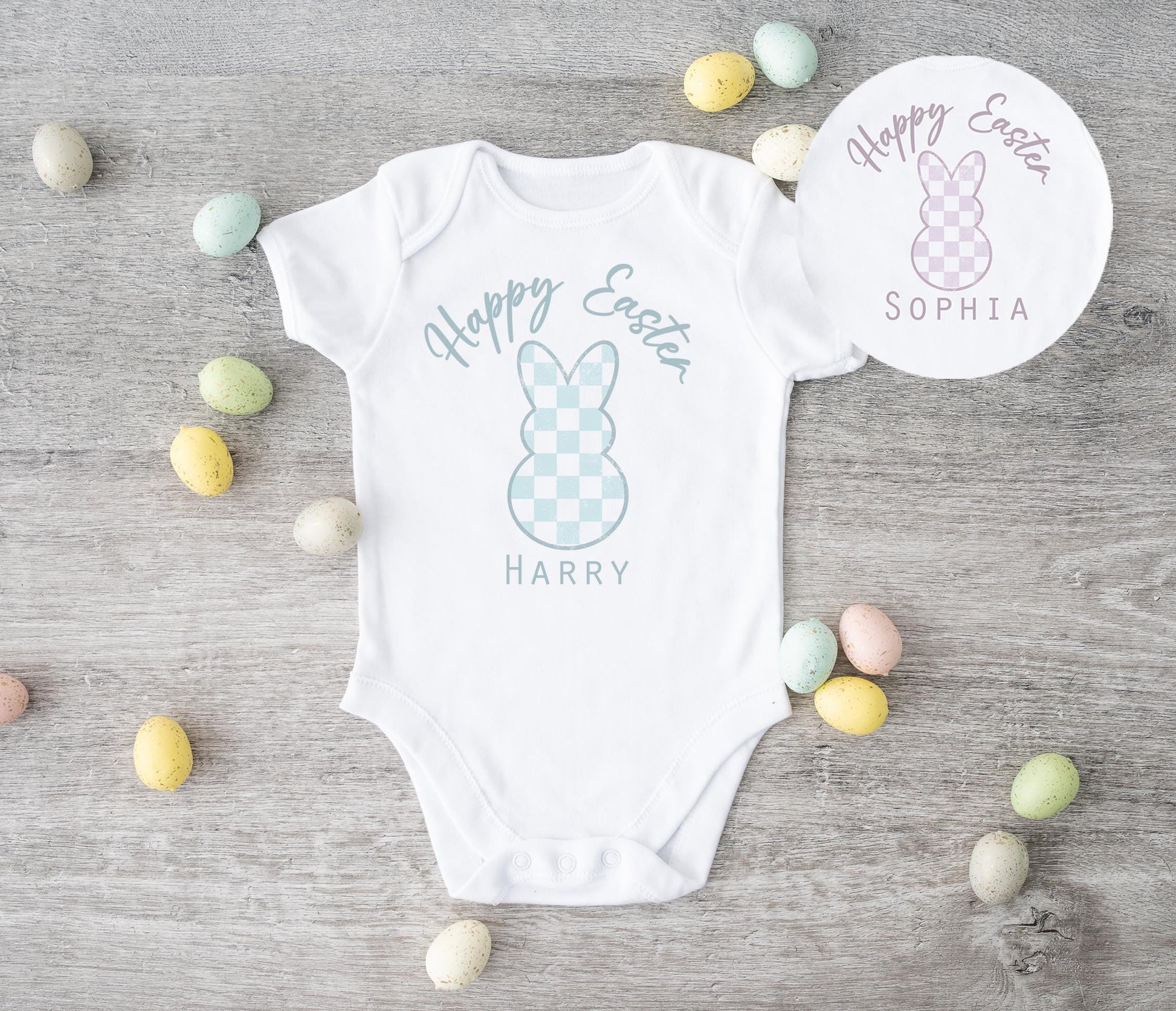personalised happy easter pink and blue baby vest, 1st easter baby vest, Happy easter clothes, Happy easter vest, Happy first easter top