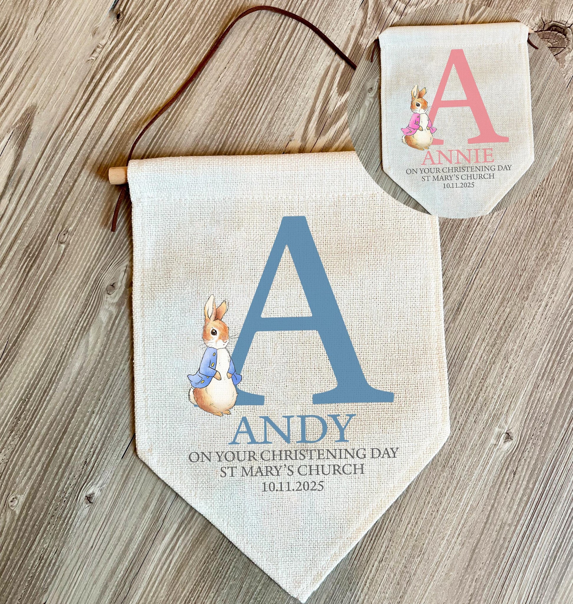 Personalised initial blue rabbit hanging banner christening gift, Personalised initial pink and blue rabbit baptism hanging banner gift