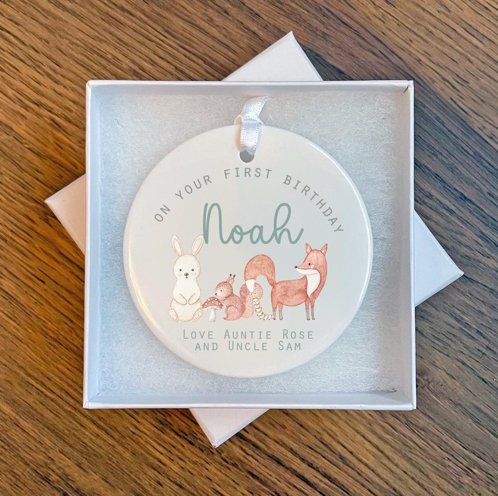 Personalised happy 1st birthday boho woodland animal ceramic ornament first birthday gift