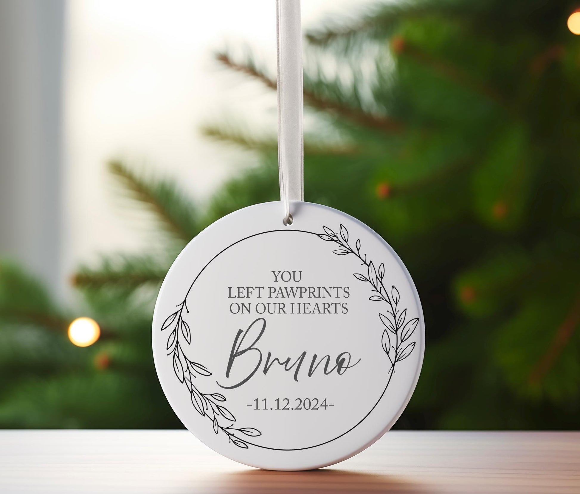 personalised you left pawprints on our hearts christmas bauble, Breavement pet christmas tree bauble, Pet dog christmas tree bauble