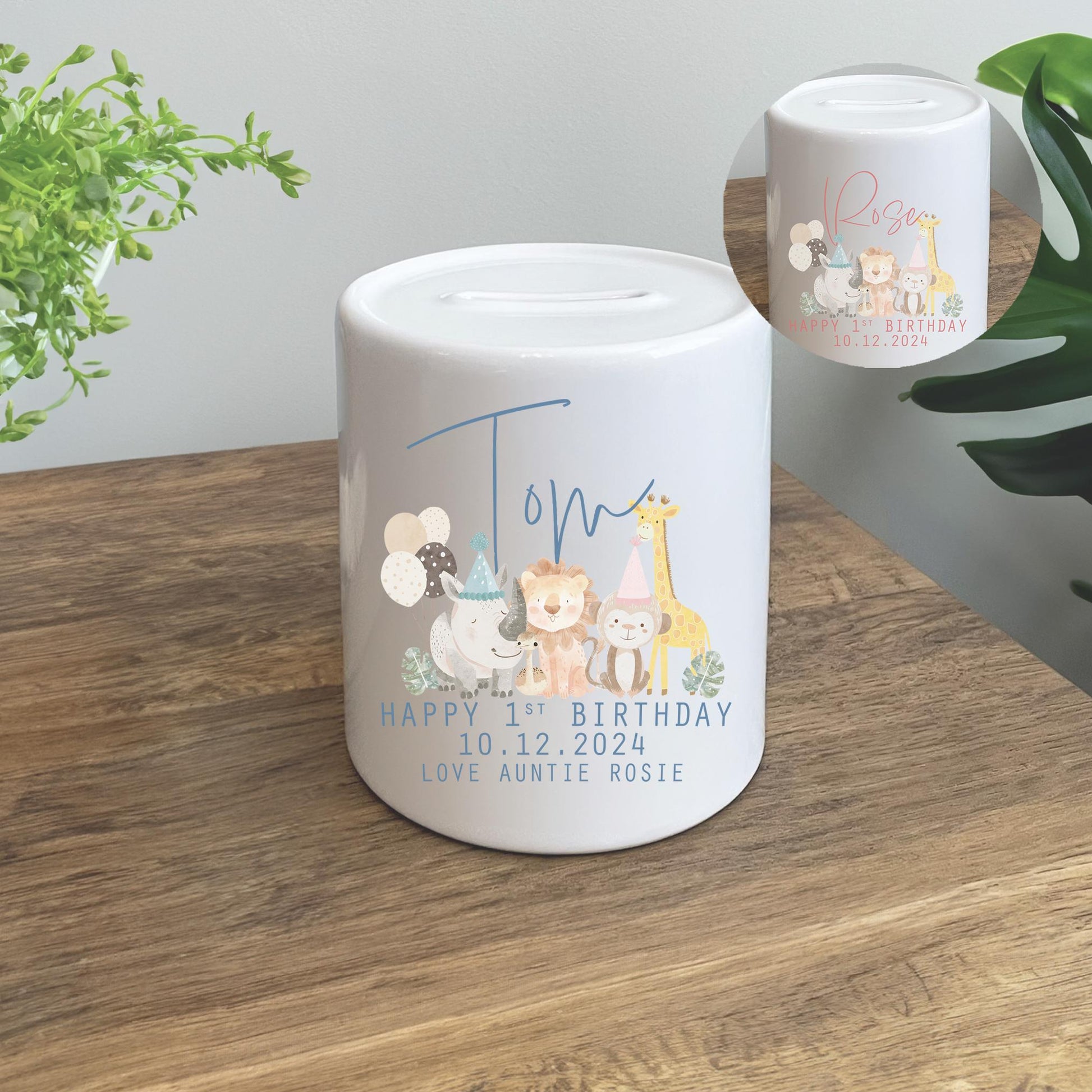 personalised first birthday party animal money box, Pink money box, Blue money box, First birthday money box, 1st birthday money box