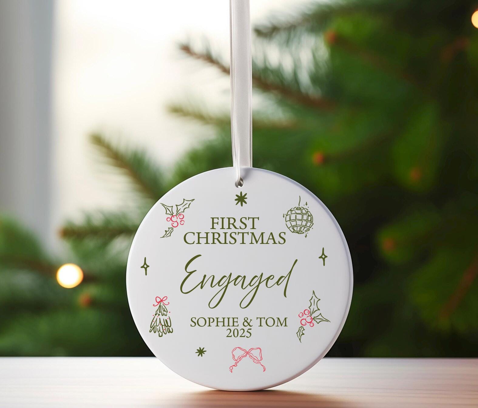 Personalised first christmas engaged vintage christmas tree ornament , Personalised couple christmas gift , Engaged couple gift
