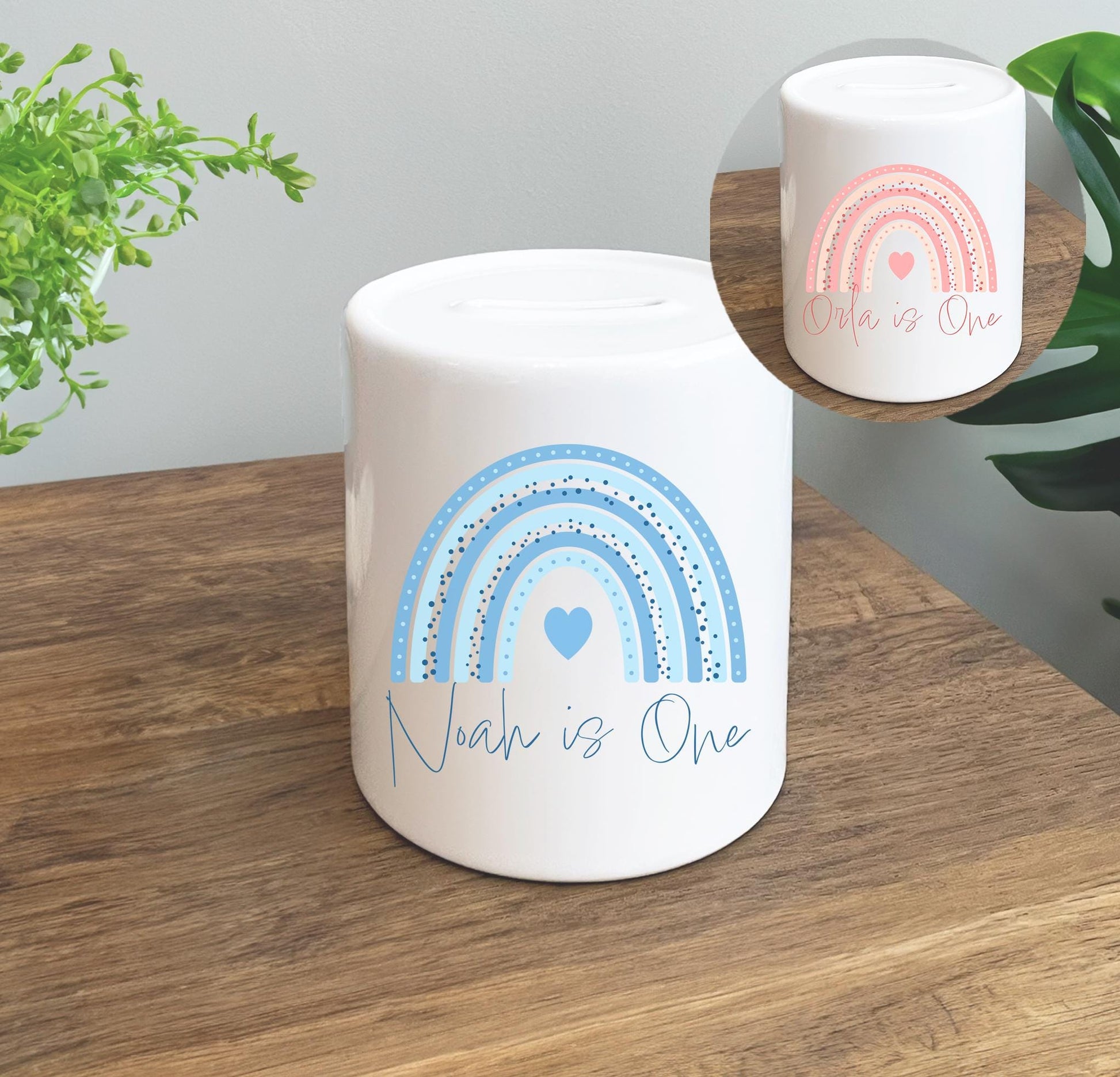 personalised first birthday rainbow money box, Pink money box, Blue money box, pink rainbow money box, 1st birthday money box