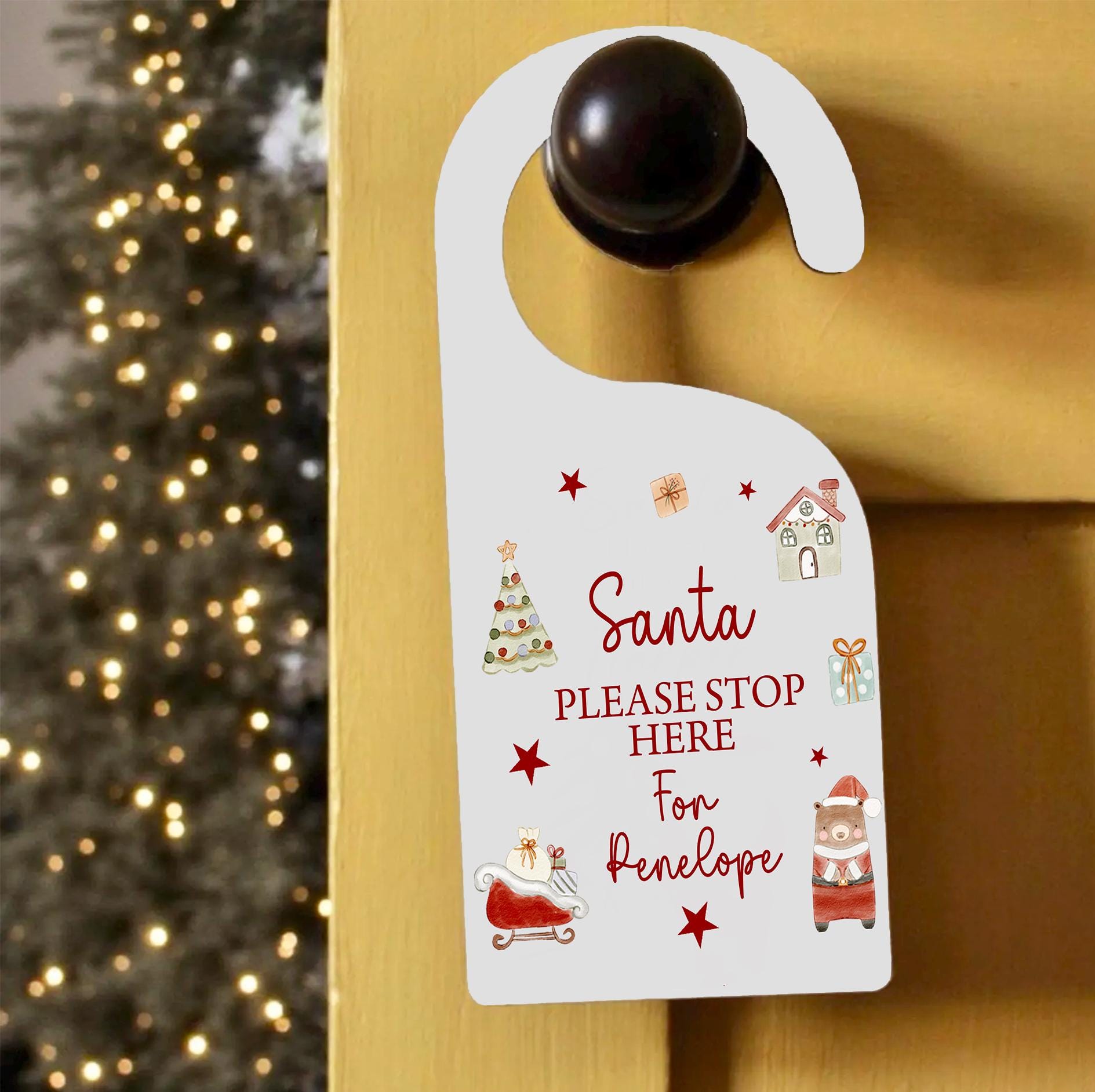 Personalised santa please stop here door hanger , Christmas eve box filler , Personalised door sign , Santa please stop here door hanger