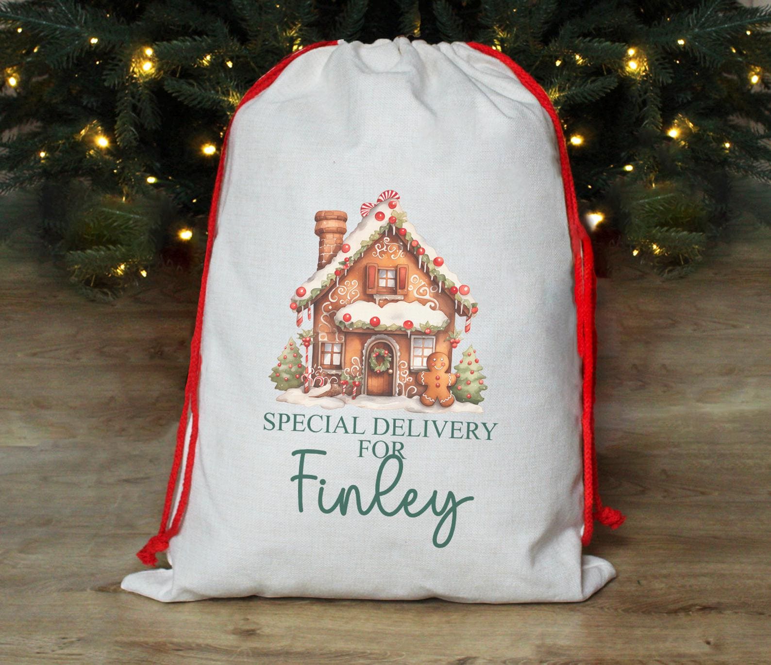 Personalised special delivery gingerbread man christmas sack, christmas eve box, personalised gingerbread house sack, first christmas gift
