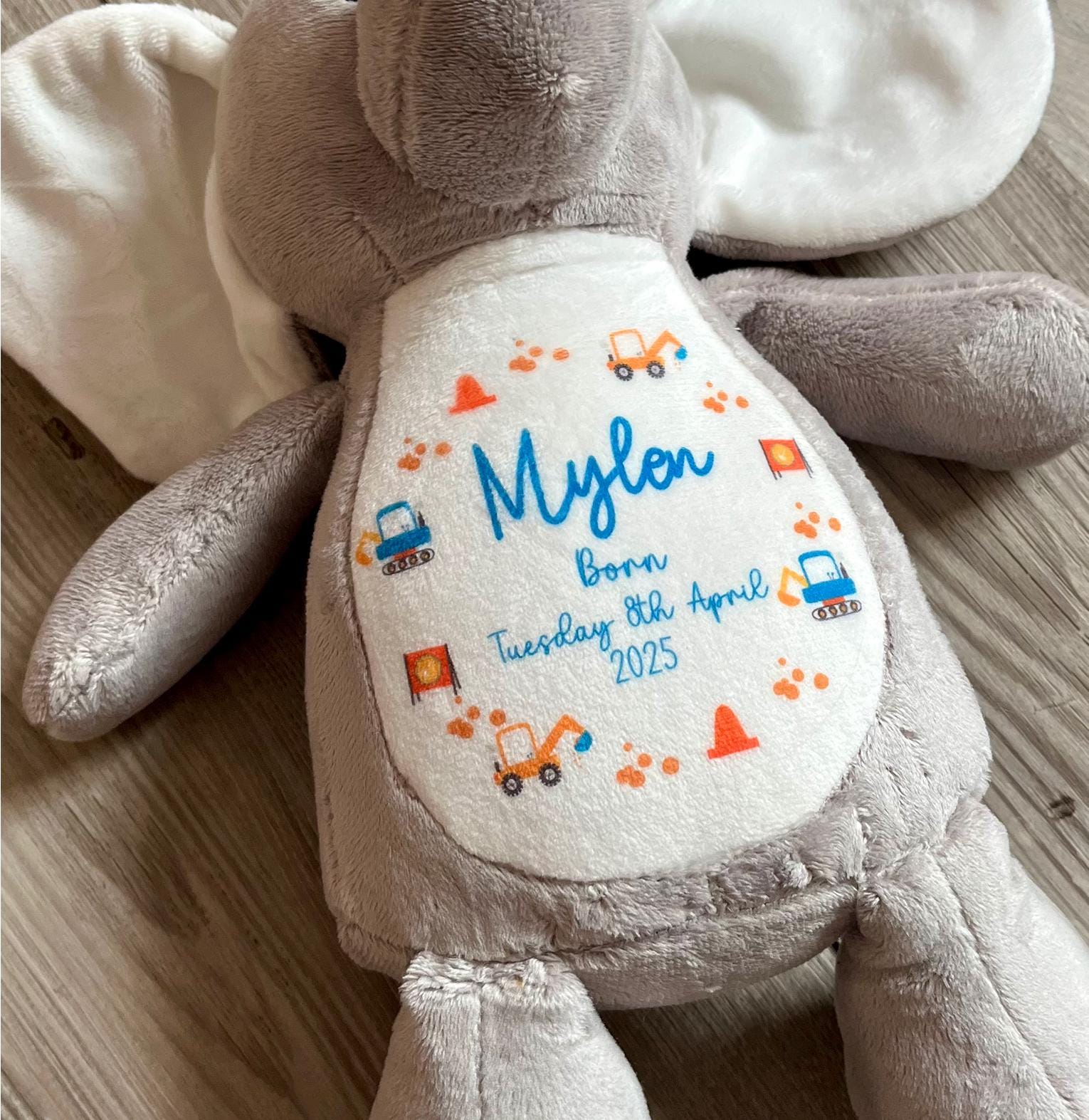 Personalised new born baby birth stat digger teddy, Personalised newborn baby gift teddy, Personalised newborn baby keepsake gift teddy