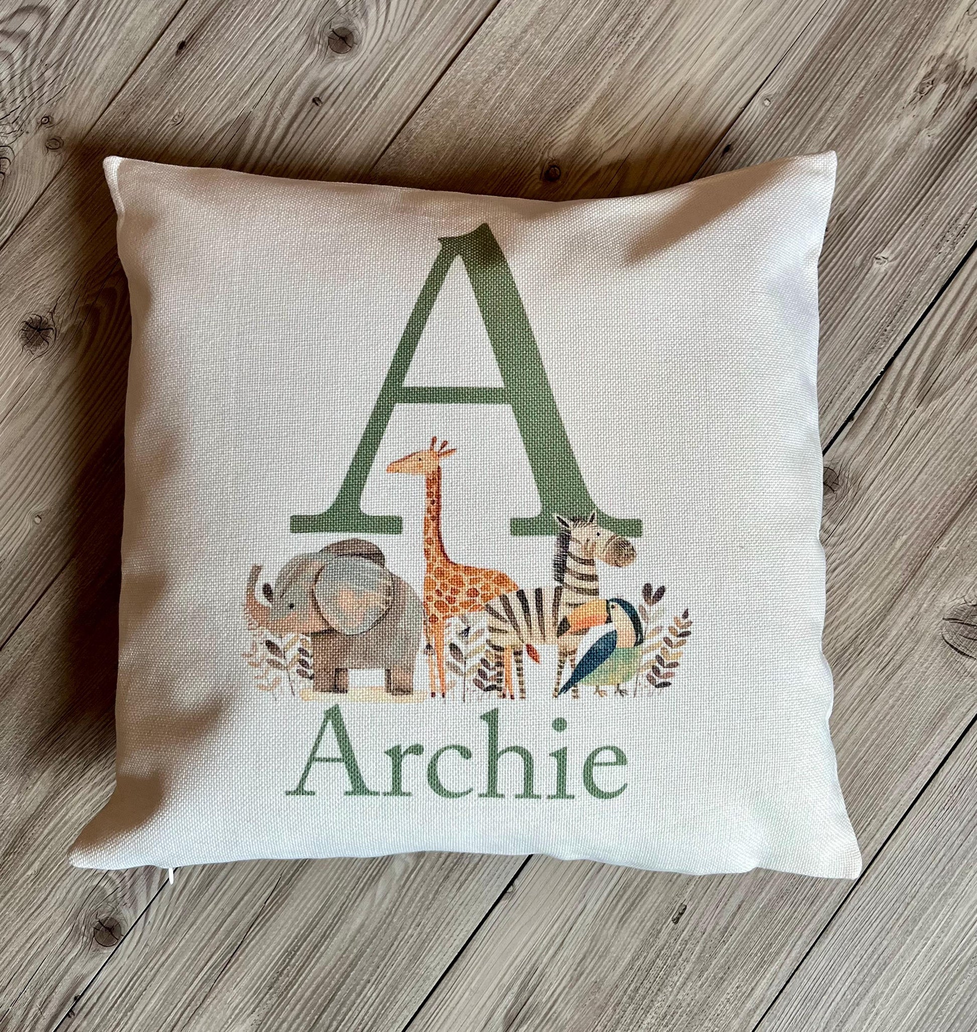 Personalised safari animal initial childrens bedroom cushion gift, Personalised jungle themed cushion