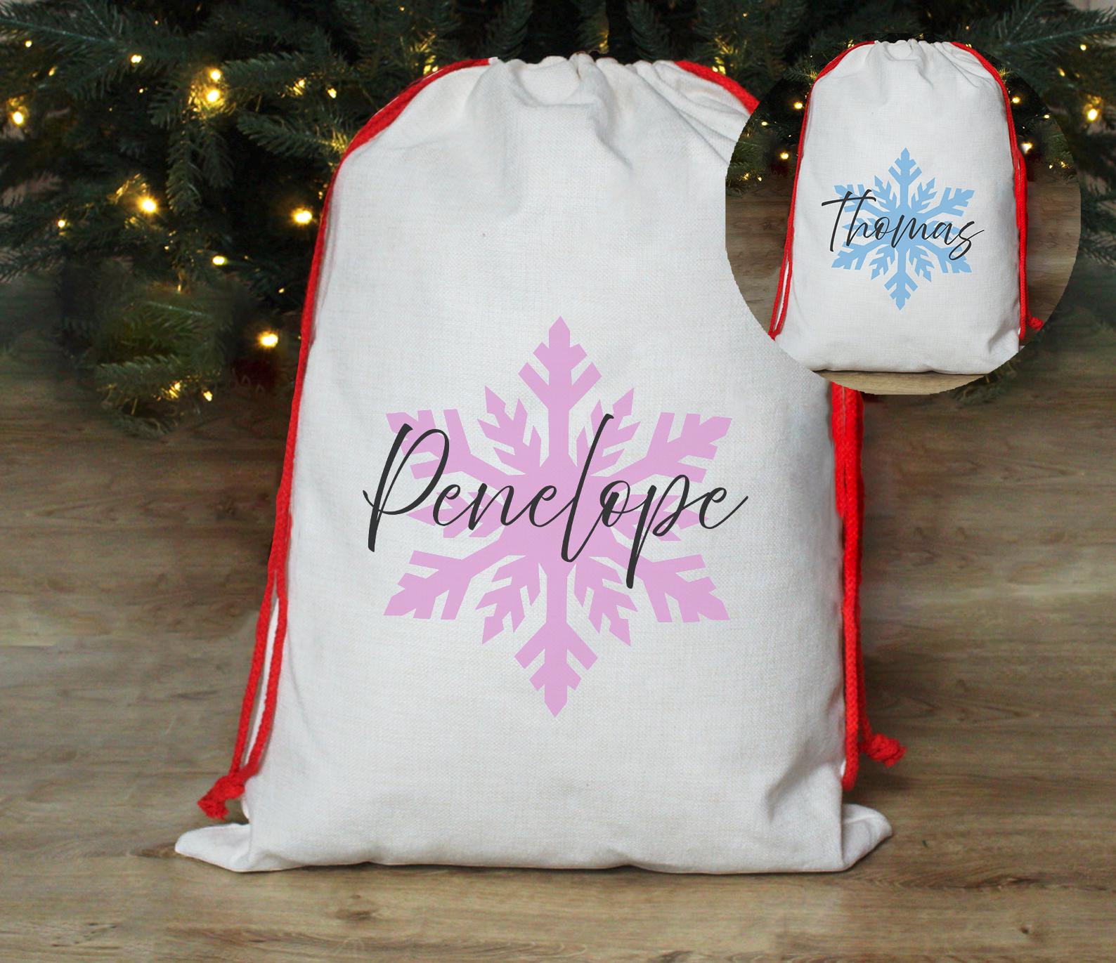 Personalised snowflake christmas present sack, Childrens snowflake christ stocking, Christmas eve sack, Christmas toy sack