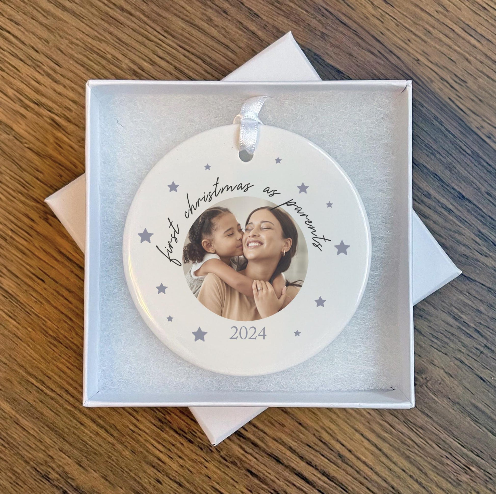 Personalised photo first christmas as parents tree decoration, christmas eve box, christmas gift, christmas tree bauble, bauble, first xmas