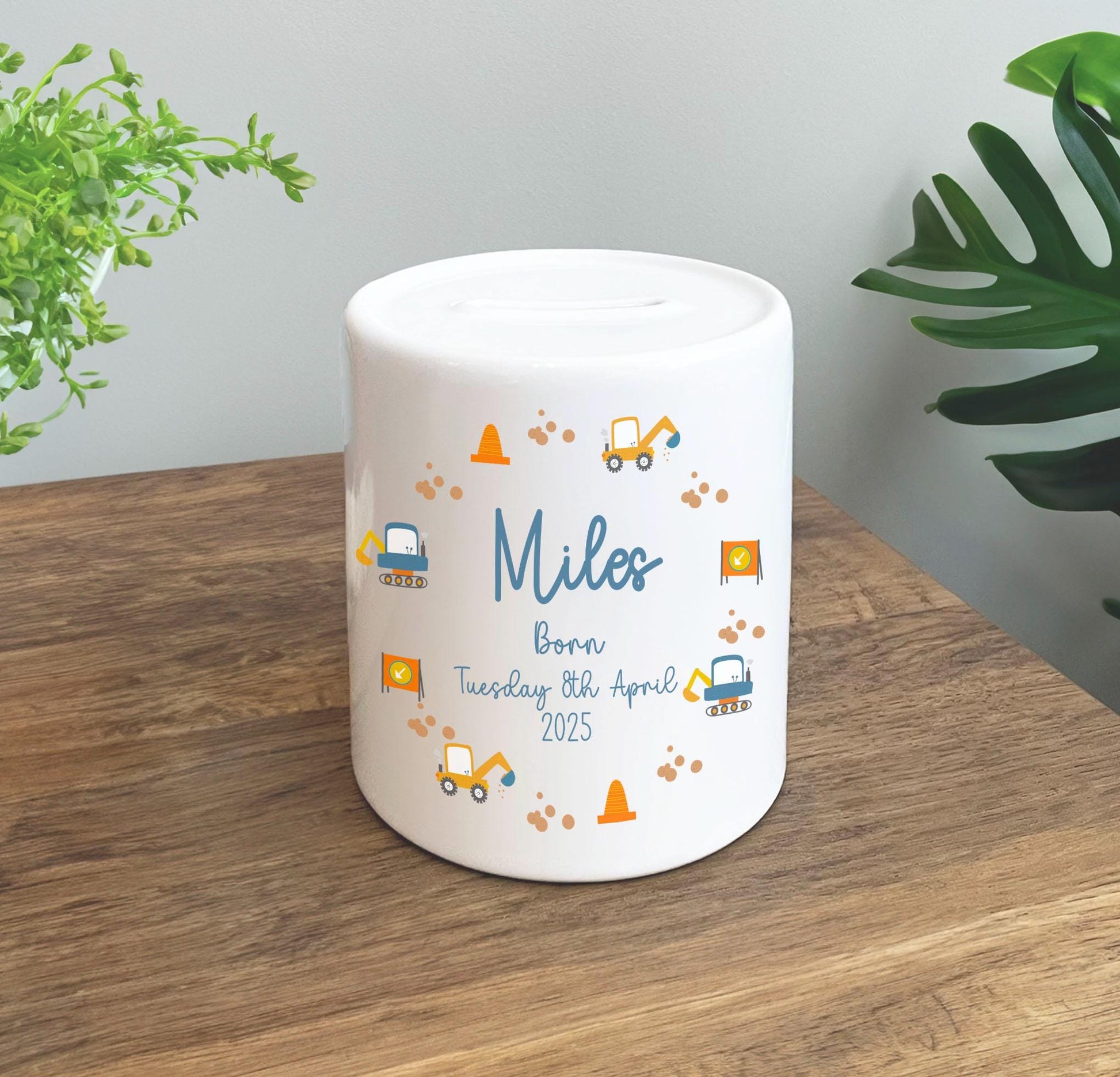 Personalised newborn baby digger money box, birth stat,  personalised money box, digger money pot, neutral nursery decor, baby gift