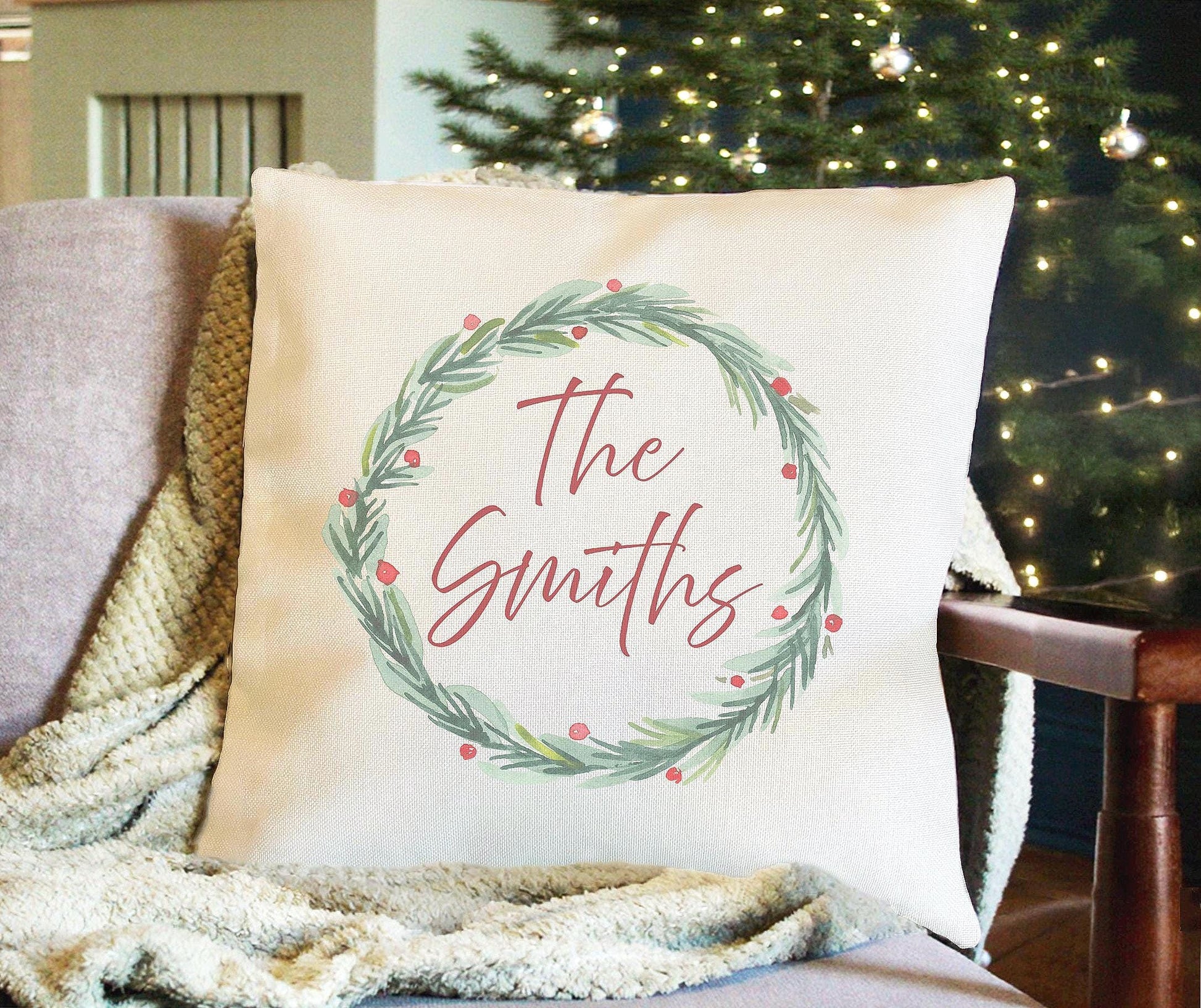 Personalised Christmas wreath family cushion, christmas eve box, personalised santa sack, first christmas, christmas stocking