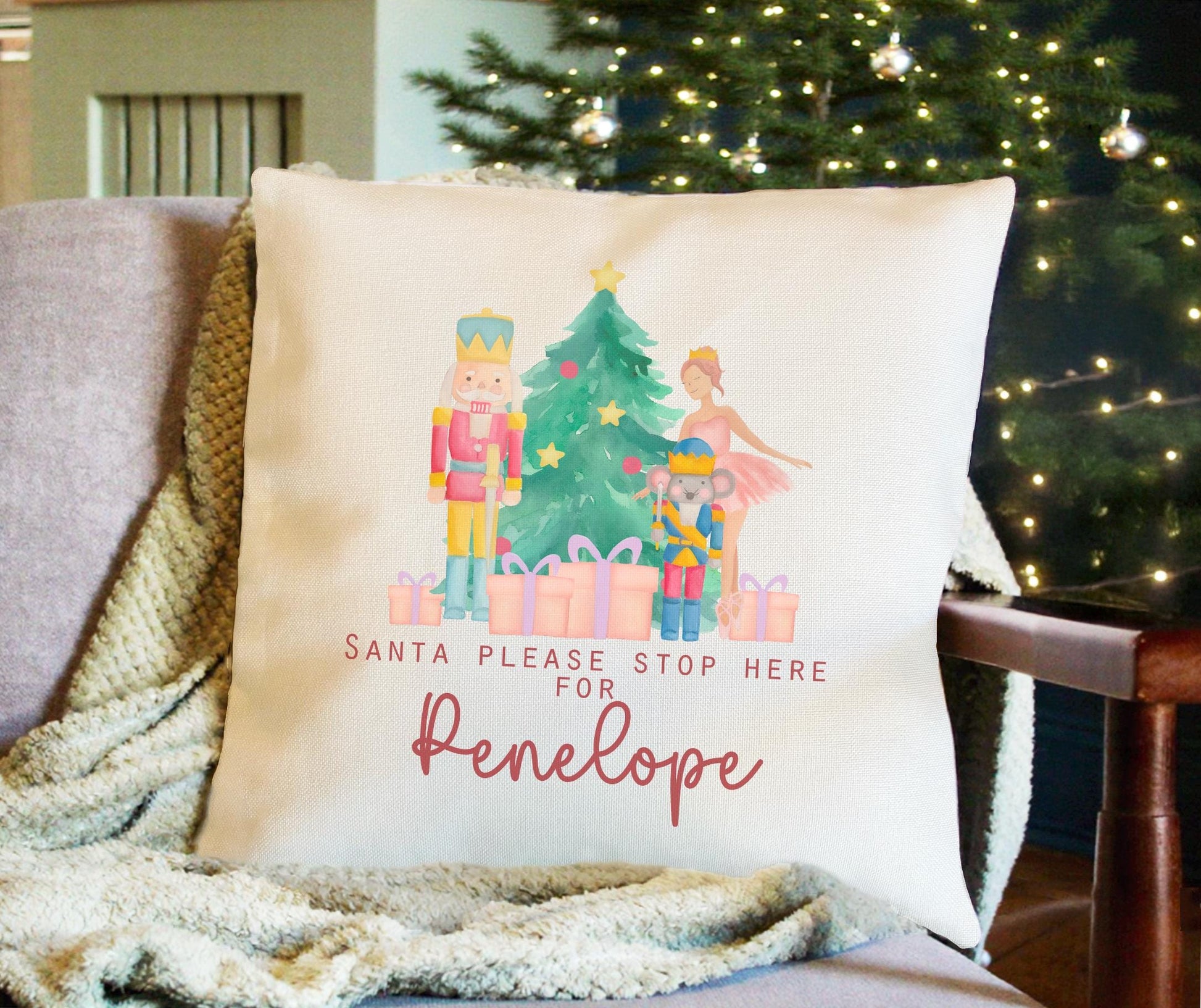 Personalised Santa please stop here Christmas cushion, christmas eve box, personalised santa sack, first christmas gift, christmas cushion