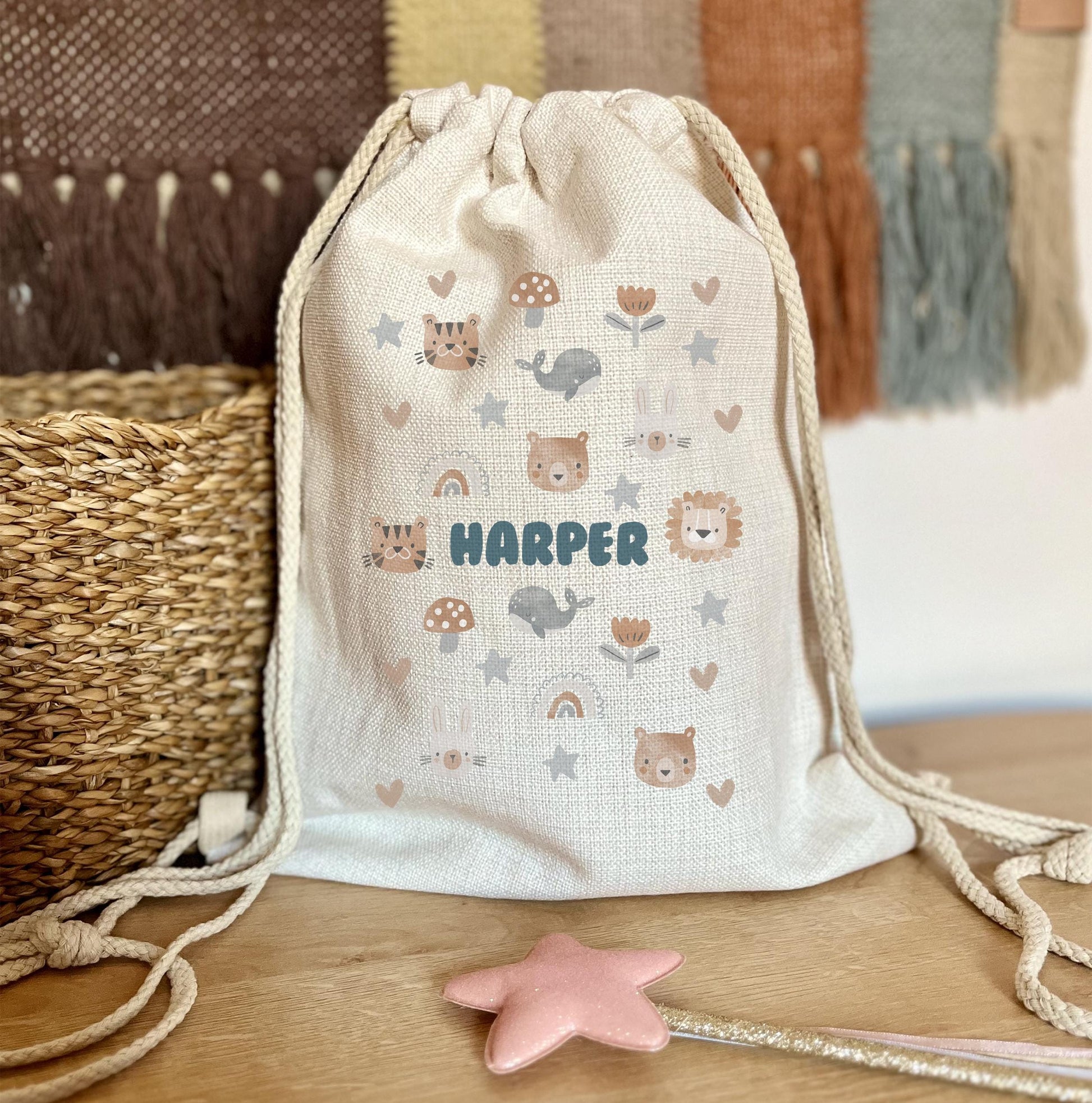 Personalised pink rainbow mermaid boho animal pink dinosaur drawstring bag PE bag school bag