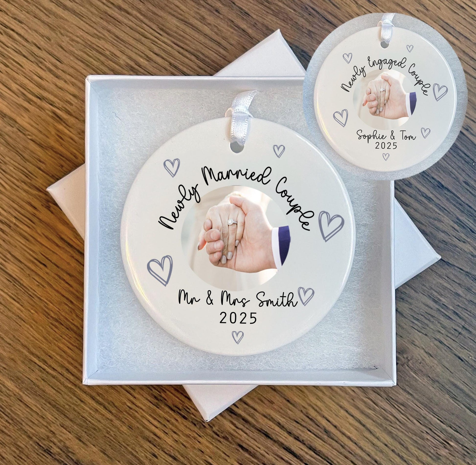 Personalised newly engaged couple ceramic photo ornament, Newly married couple gift, Newly engaged couple keepsake gift