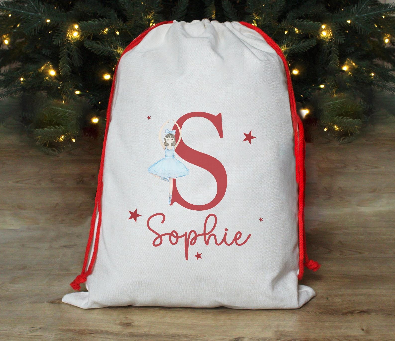 personalised initial santa sack, Christmas sack, Christmas ballerina, sugar plum fairy, girl, boy, Christmas Eve box, first Christmas gift