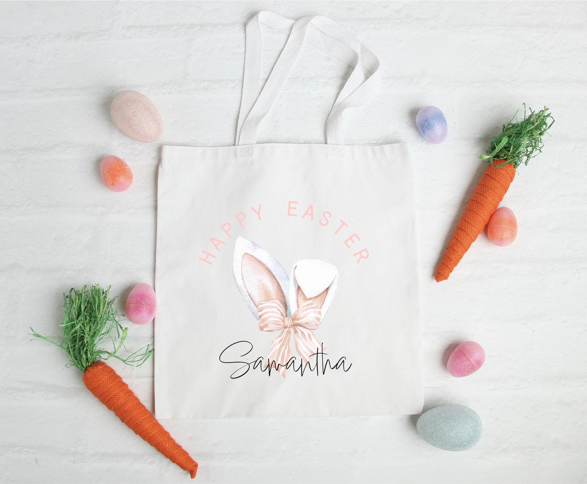 Personalised happy easter bunny ears bow bag, Easter bag, Easter accessories, Personalised easter gifts, Easter basket, easter egg hunt bag
