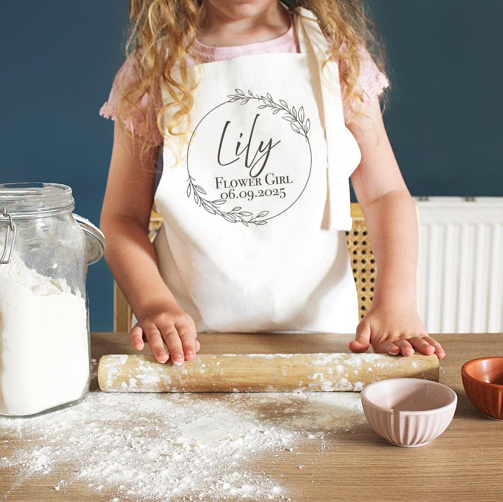 Personalised flower girl black wreath apron, Personalised bridesmaid black wreath apron, Personalised page boy black wreath apron