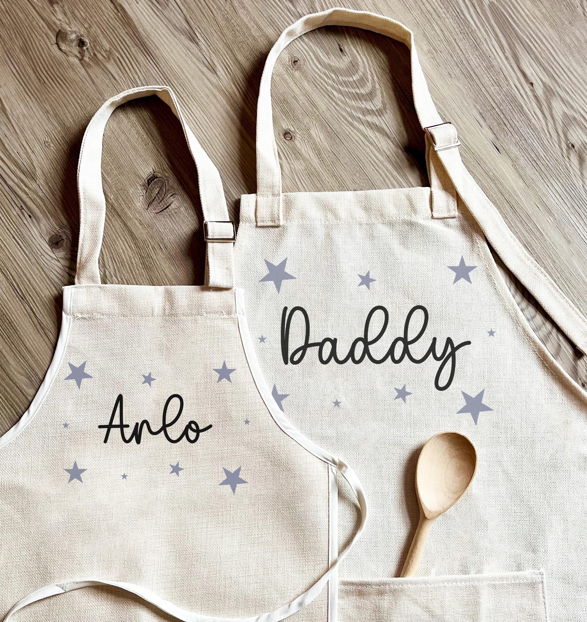 Personalised daddy and child star matching aprons, Father and son day apron, Fathers day baking apron, Grandad baking apron