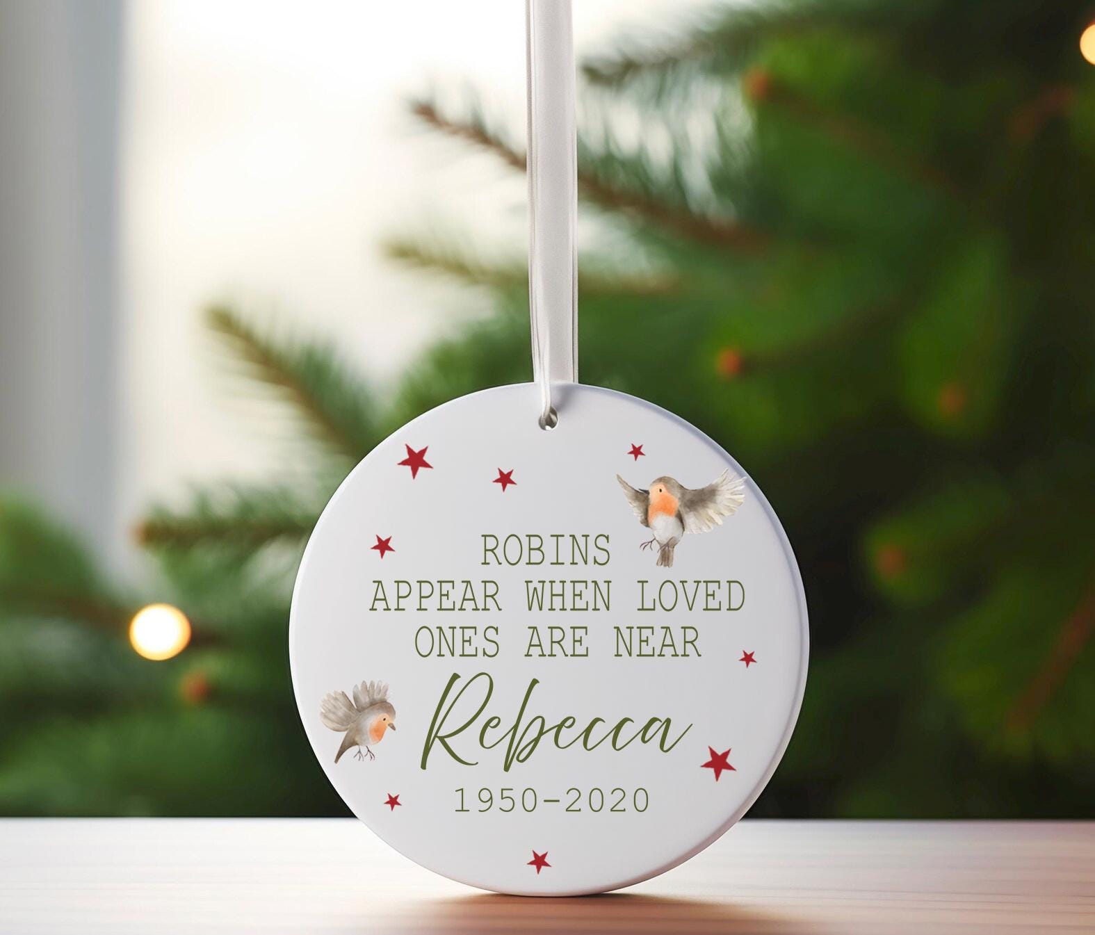 Personalised Robin Keepsake , When Robins Appear When Loved Ones Are Near , Ceramic Memorial Ornament , Christmas Tree Bauble , Remembrance