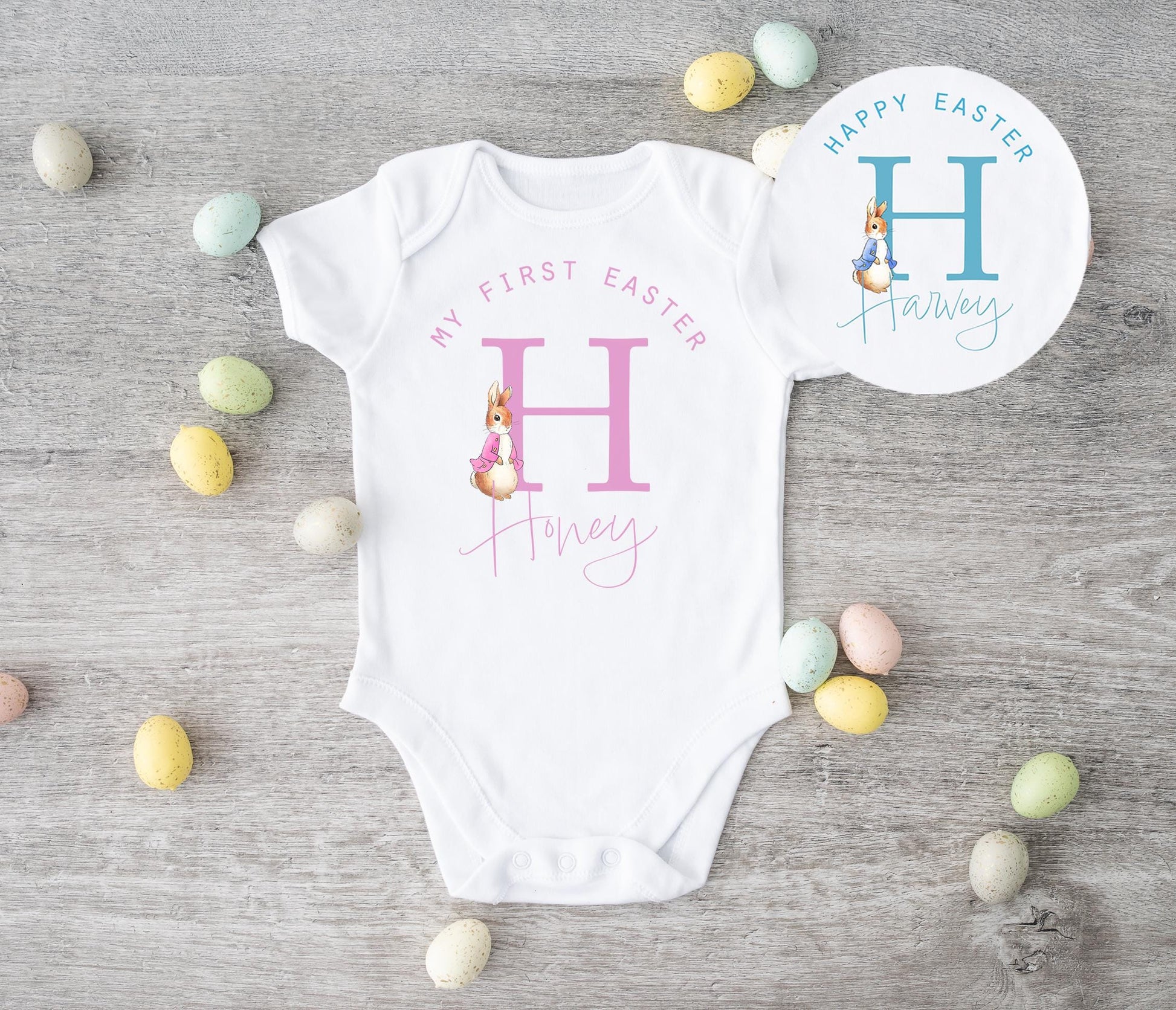 personalised first easter rabbit baby vest, 1st easter baby vest, first pink rabbit easter vest, first blue rabbit easter vest