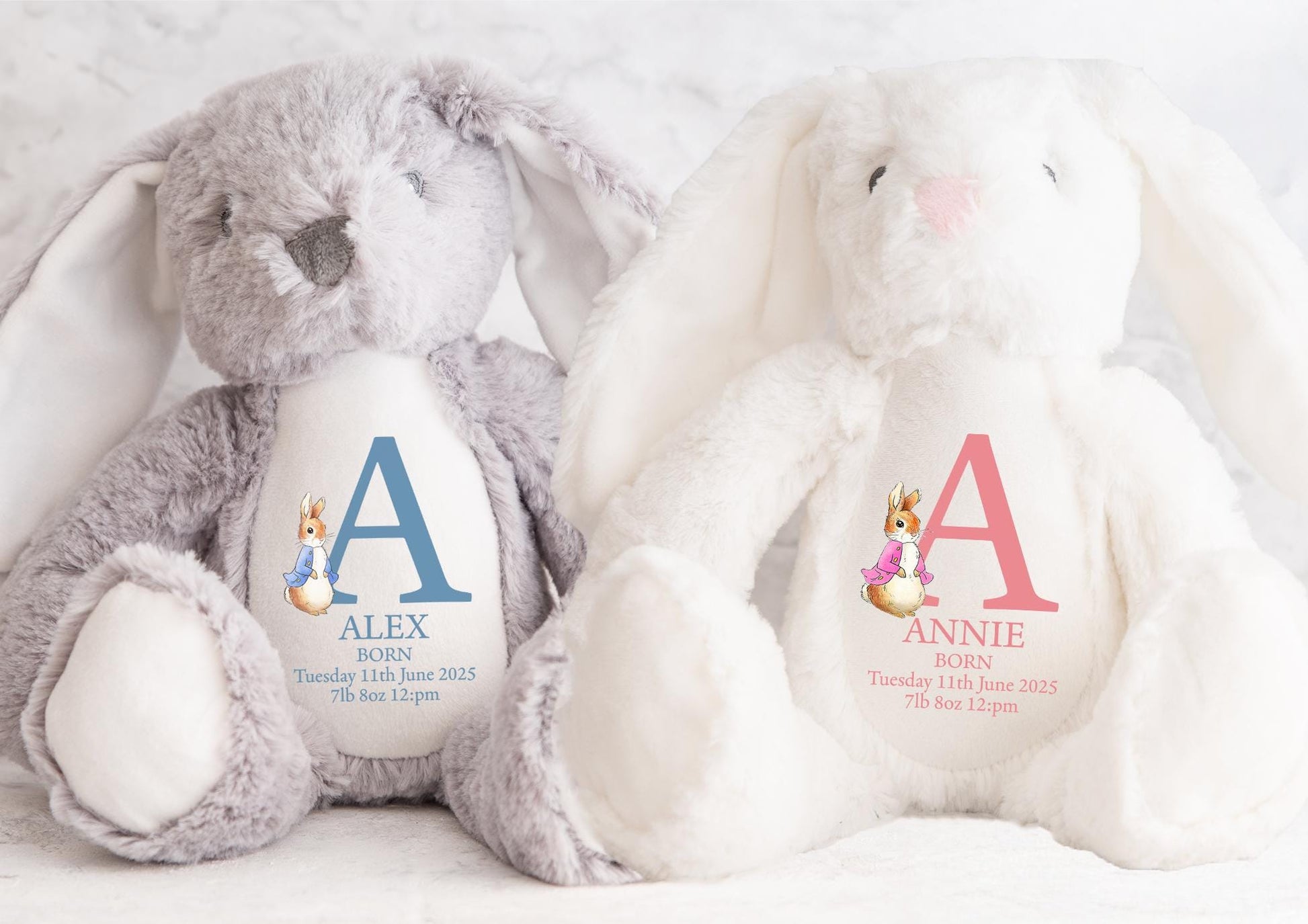 Personalised newborn baby pink rabbit birth stat teddy gift, Personalised new arrival blue rabbit  newborn baby teddy gift, Newborn teddy