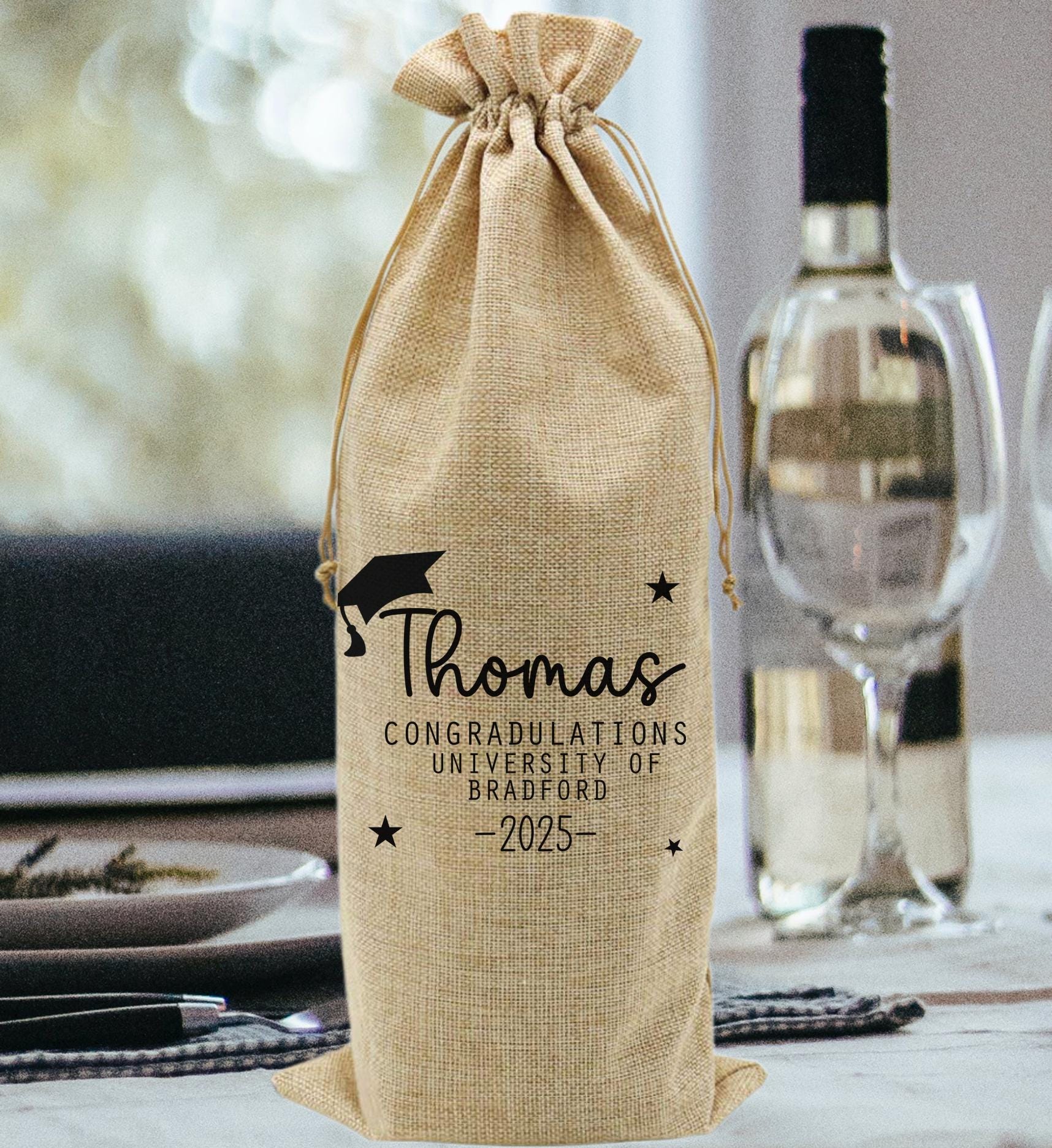 Personalised graduation wine bottle bag university gift, Congratuations university wine bottle gift bag, Personalised wine bottle gift bag