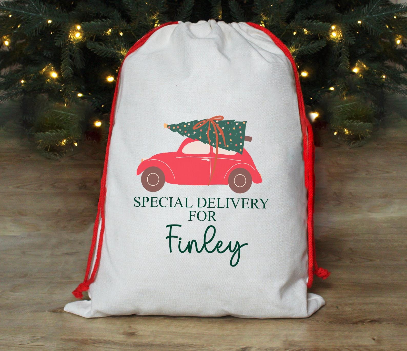 Personalised spcial delivery car christmas tree present sack, christmas eve box, personalised santa sack, first christmas gift