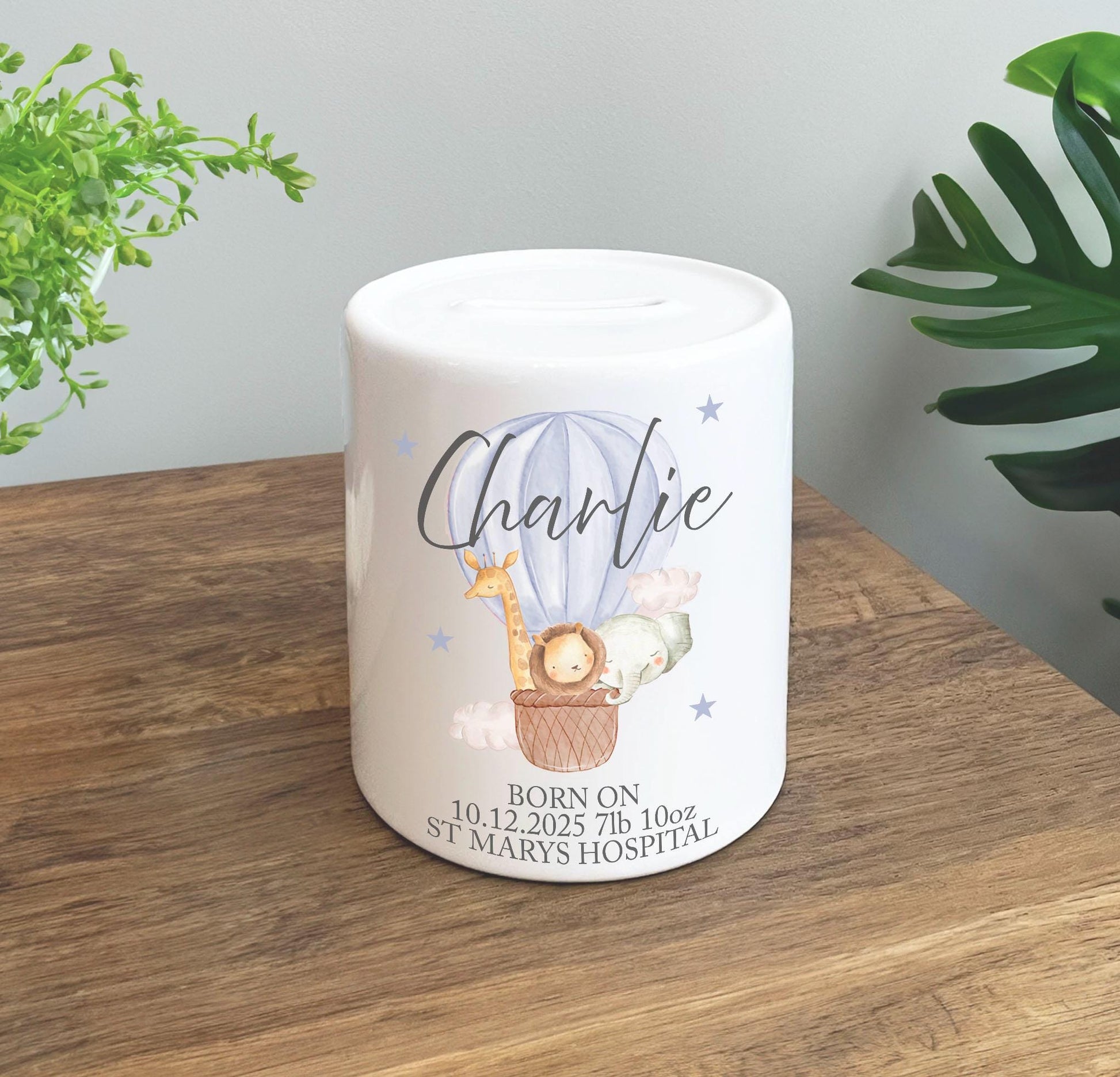 Personalised newborn baby hot air ballon  money box, personalised money box, hot air balloon money pot, neutral nursery decor, baby gift