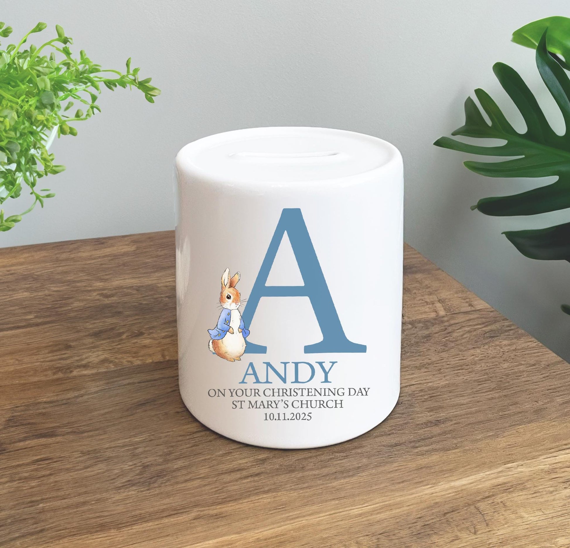 Personalised rabbit christening gift money pot, Personalised christening baby gift, Personalised baptism baby money pot