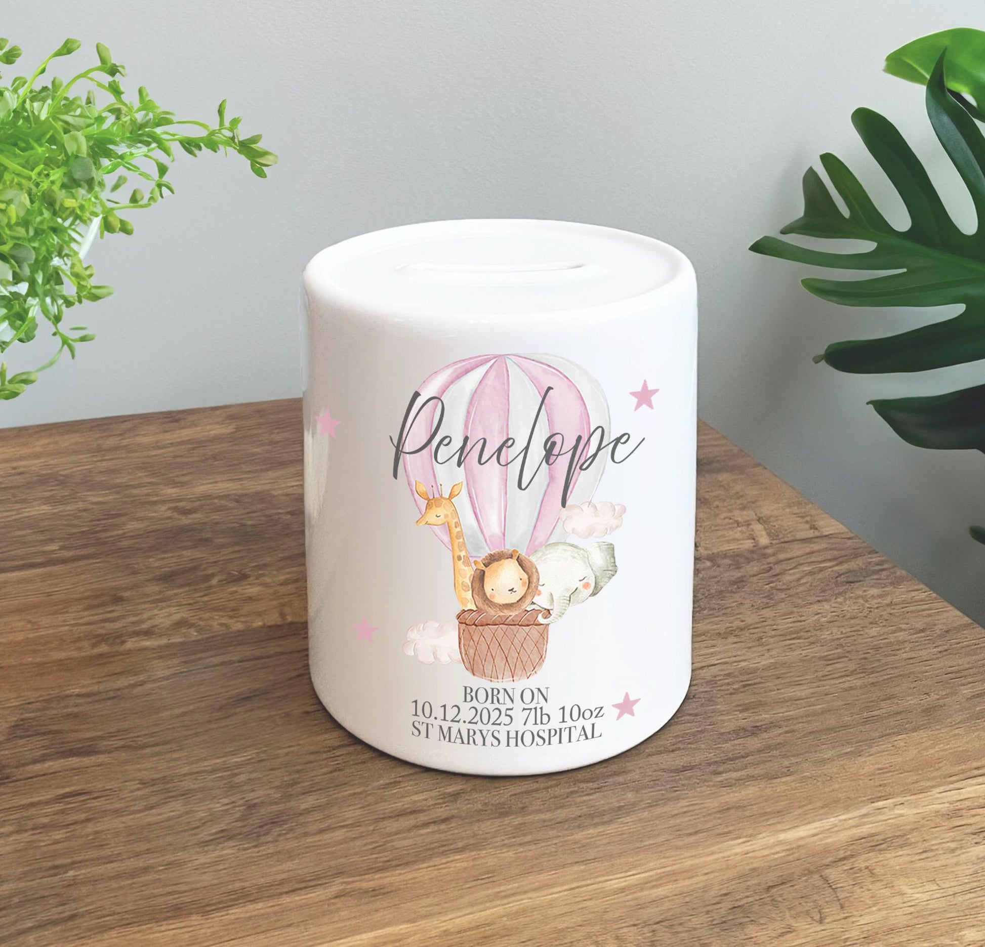 Personalised newborn baby pink animal hot air balloom money box,  personalised money box, hotair balloon money pot, neutral nursery decor,