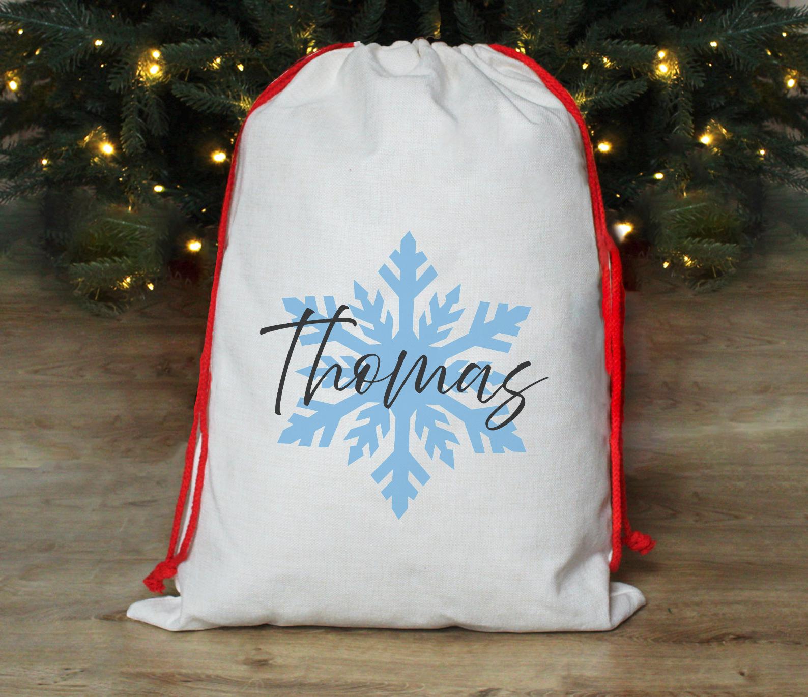 Personalised snowflake christmas present sack, Childrens snowflake christ stocking, Christmas eve sack, Christmas toy sack