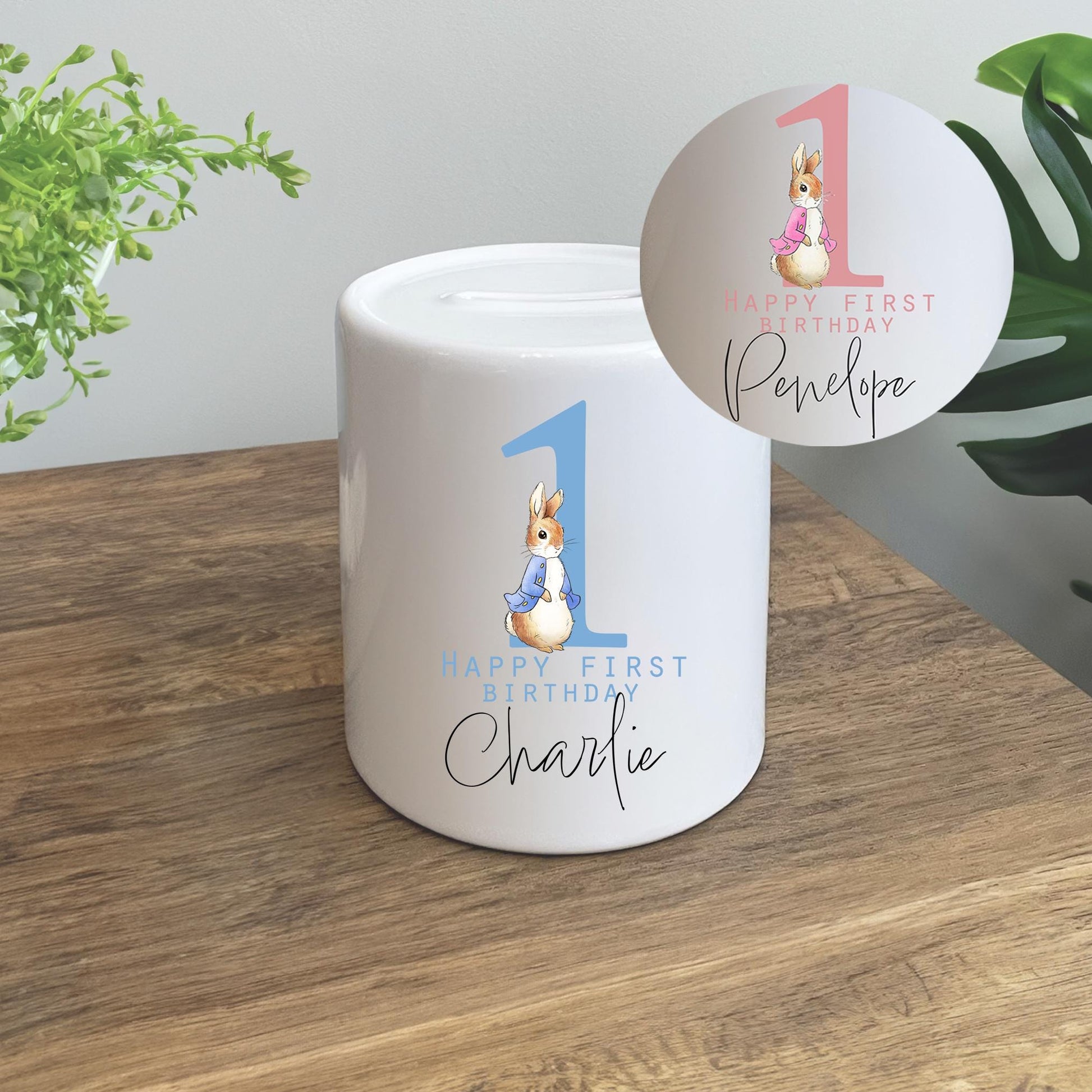 personalised first birthday rabbit money box, Pink rabbit money box, Blue rabbit money box, First birthday money box, 1st birthday money box