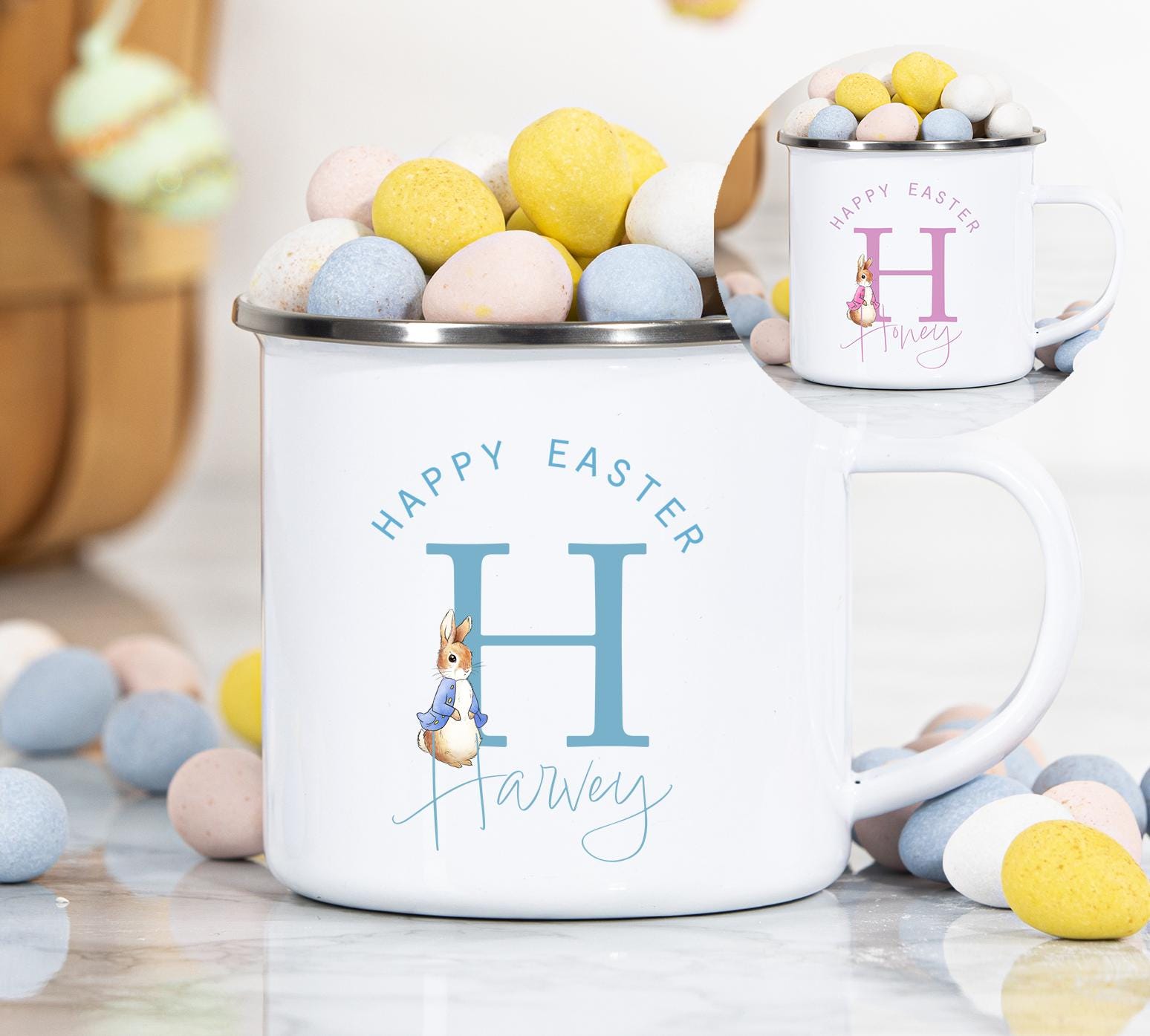 personalised easter rabbit enamel mug, easter gifts,  easter mug, easter cup, easter basket, girl mug, boy mug
