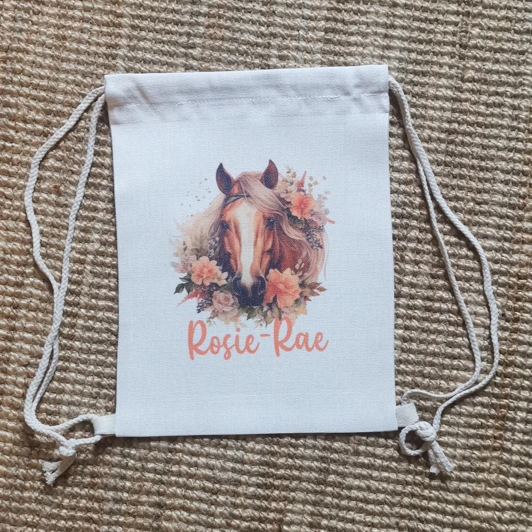 Personalised horse drawstring bag , PE bag , Personalised School bag , Childrens school bag , Personalised pony bag