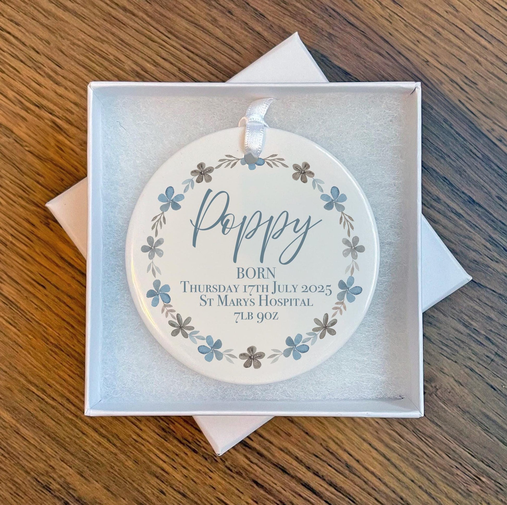 Personalised newborn baby blue floral wreath birth stat ceramic ornament keepsake gift, Custom blue floral wreath baby ornament present gift