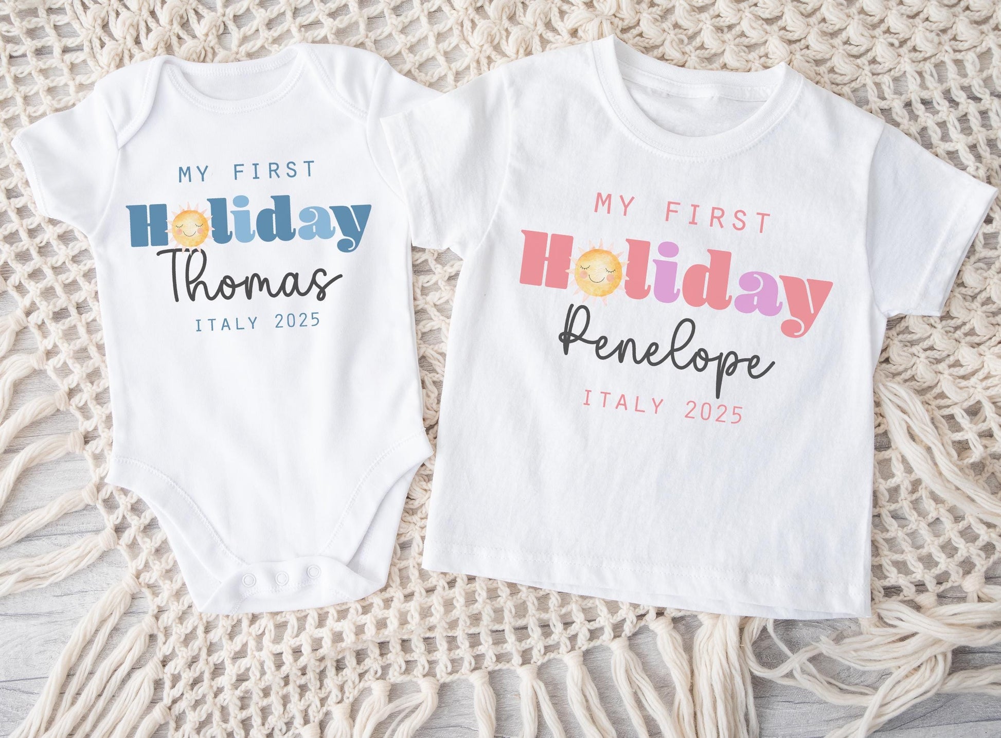 Personalised my first holiday kids t-shirt , My 1st holiday kids t-shirt , Personalised first holiday childrens clothes  Custom baby clothes