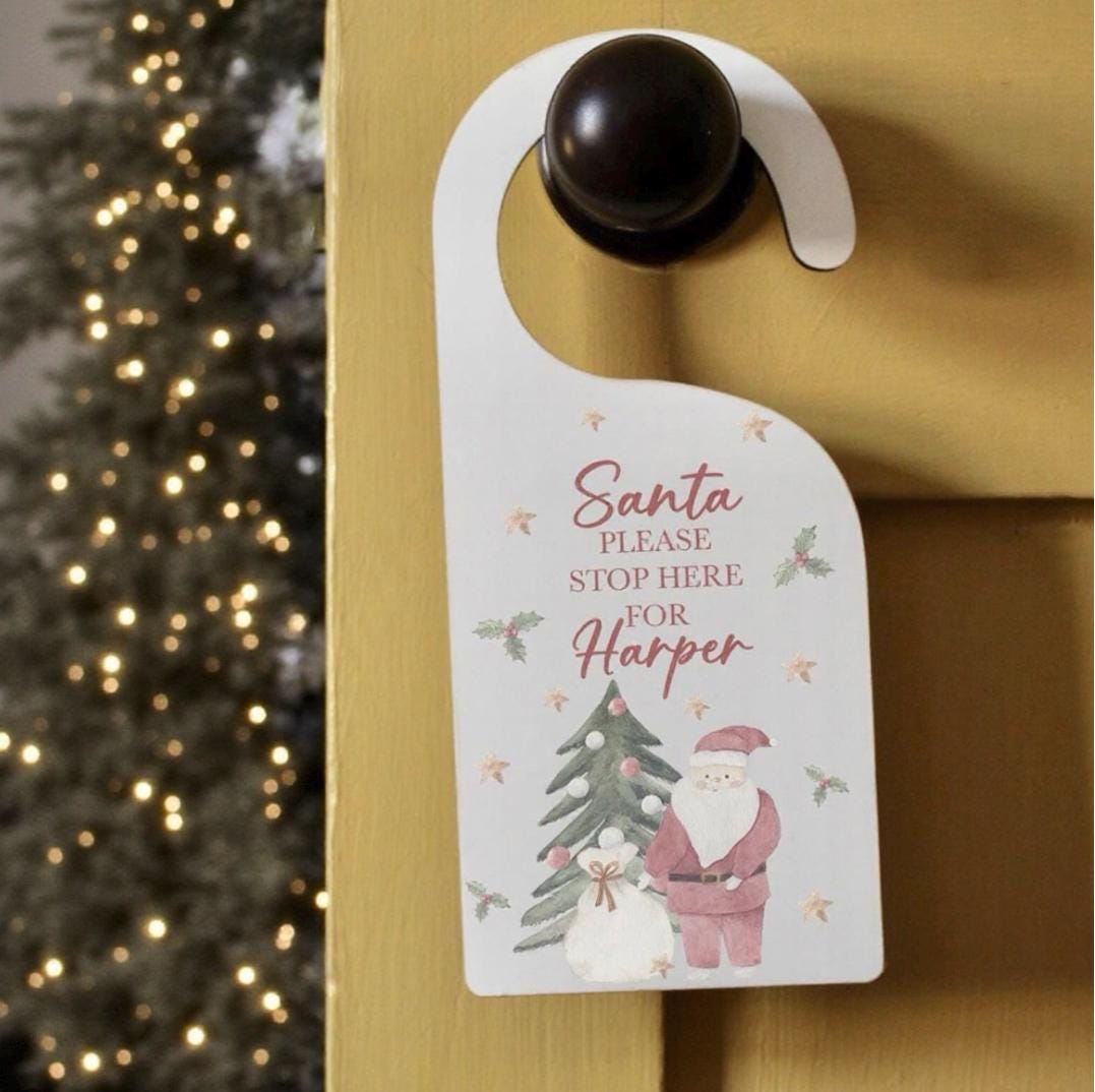 personalised please stop here santa christmas door hanger sign christmas eve box personalised santa sack first christmas gift