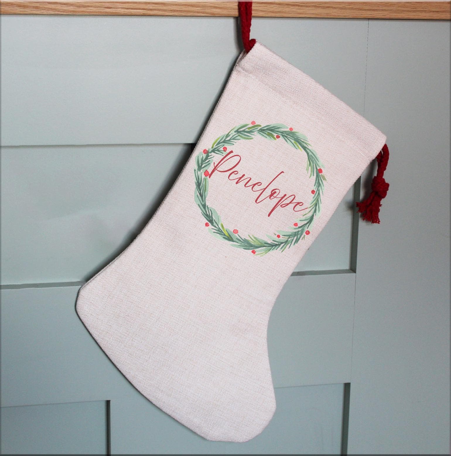 Personalised christmas traditional holly green wreath stocking, xmas eve box, christmas eve box, personalised santa stocking, xmas stocking