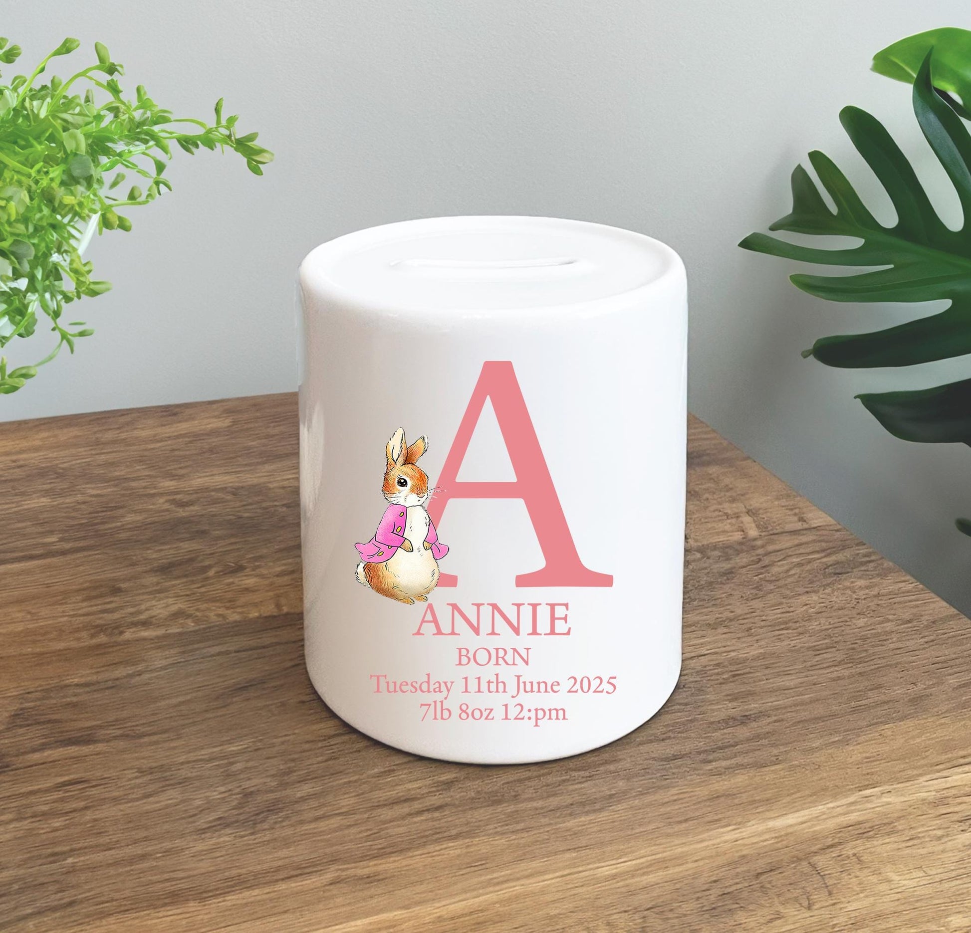 Personalised new born baby blue rabbit boy money pot gift, Personalised new born baby pink rabbit girl money pot gift,