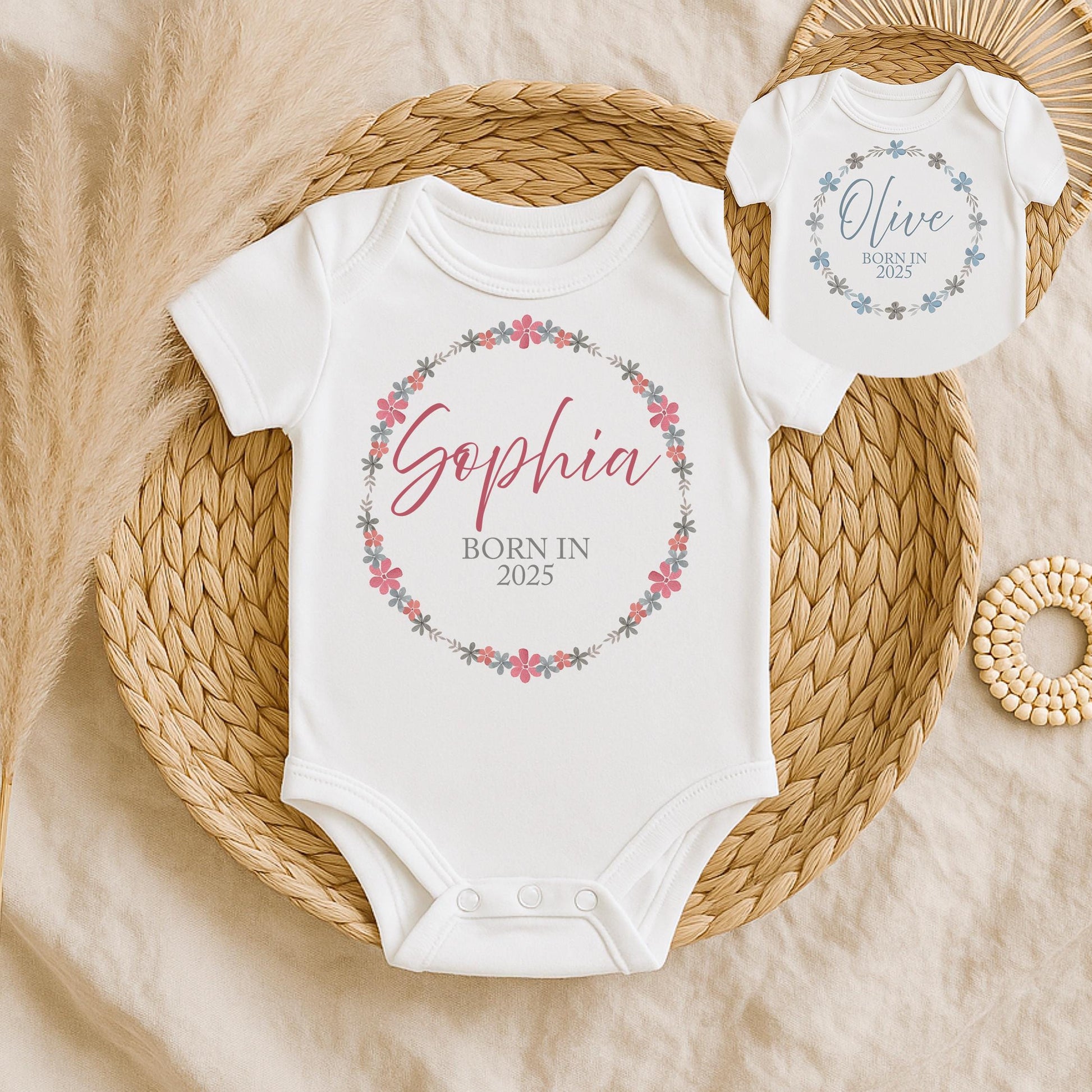 Personalised new born baby born in wreath baby vest, Personalised new arrival born in vest, Personalised baby Floral wreath design vest