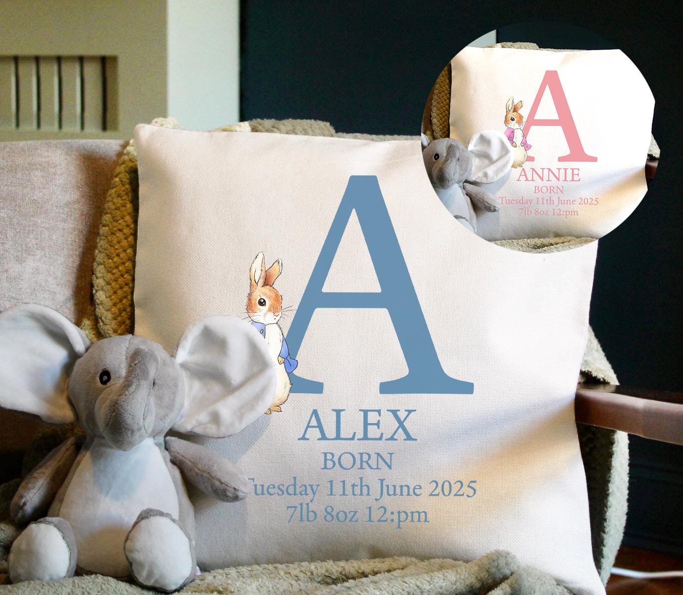 Personalised newborn baby initial blue boy rabbit  birth stat cushion, Personalised newborn baby initial pink rabbit bith stat cushion